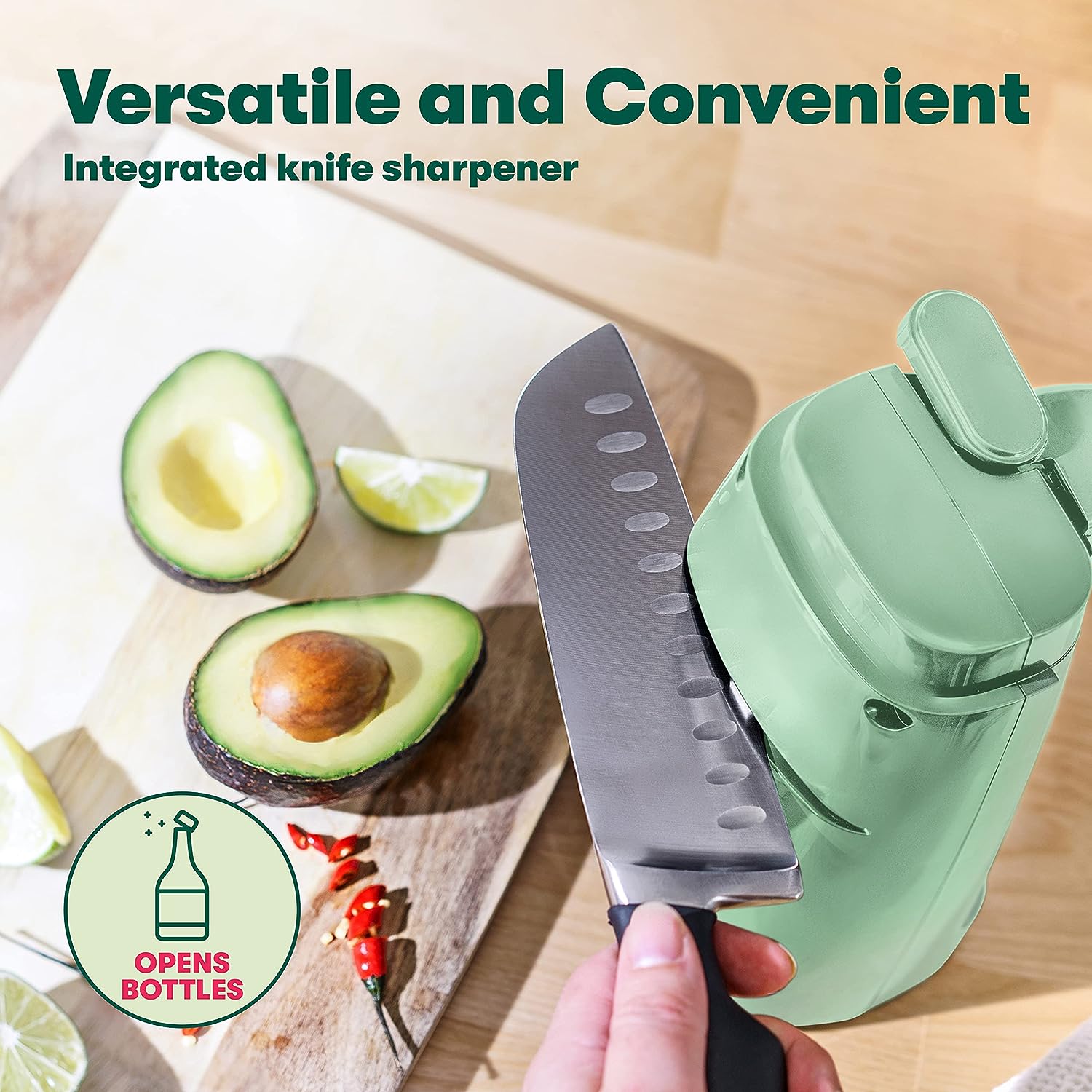 BELLA Electric Can Opener and Knife Sharpener, Multifunctional Jar and Bottle Opener with Removable Cutting Lever and Cord Storage, Stainless Steel Blade, Sage