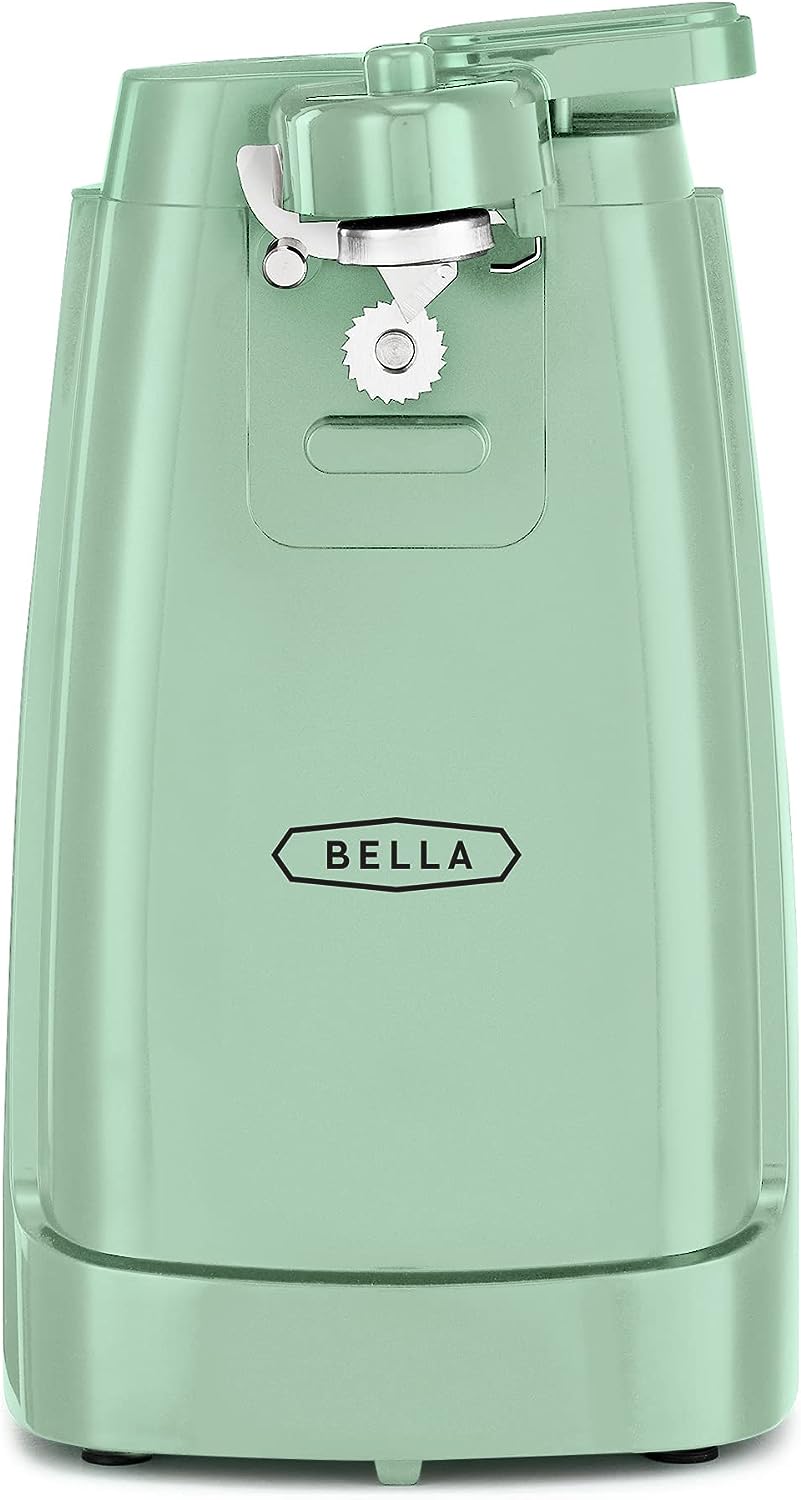 BELLA Electric Can Opener and Knife Sharpener, Multifunctional Jar and Bottle Opener with Removable Cutting Lever and Cord Storage, Stainless Steel Blade, Sage