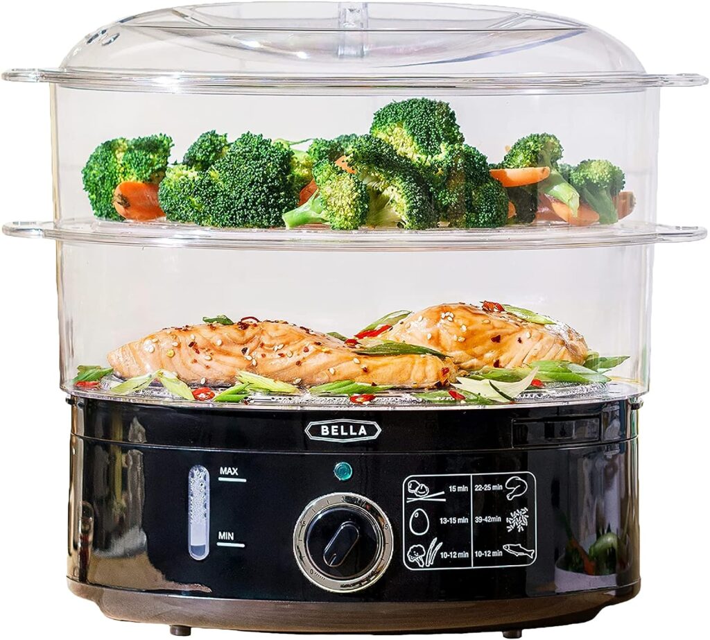BELLA Two Tier Food Steamer with Dishwasher Safe Lids and Stackable Baskets  Removable Base for Fast Simultaneous Cooking - Auto Shutoff  Boil Dry Protection, 7.4 QT, Black