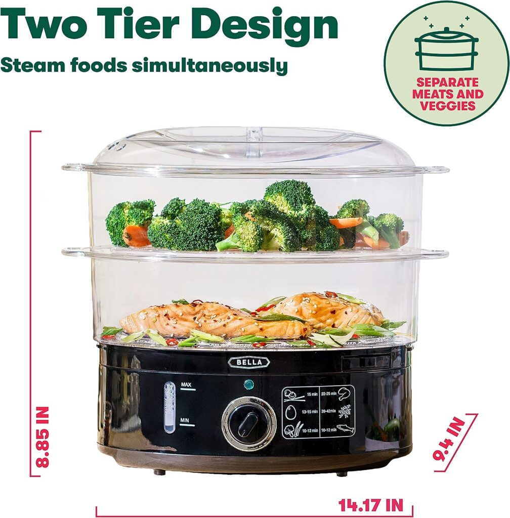 BELLA Two Tier Food Steamer with Dishwasher Safe Lids and Stackable Baskets  Removable Base for Fast Simultaneous Cooking - Auto Shutoff  Boil Dry Protection, 7.4 QT, Black