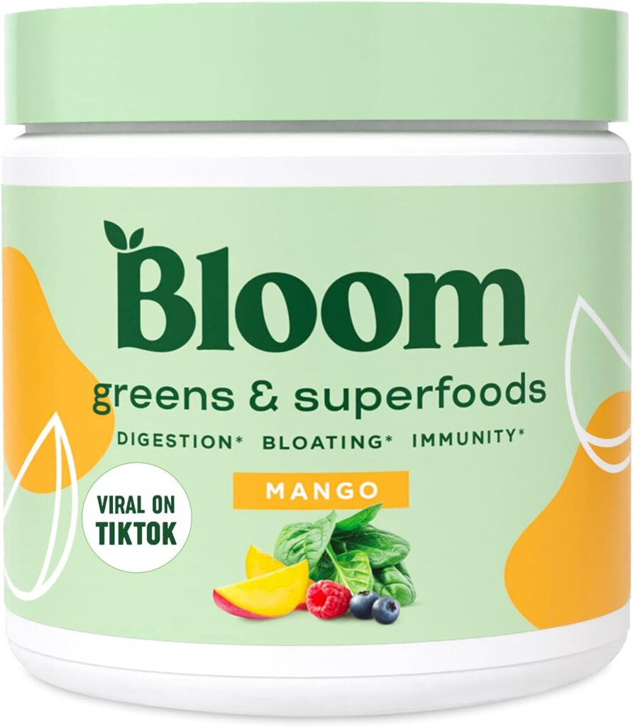 Bloom Nutrition Super Greens Powder Smoothie  Juice Mix - Probiotics for Digestive Health  Bloating Relief for Women, Digestive Enzymes with Superfoods Spirulina  Chlorella for Gut Health (Mango)