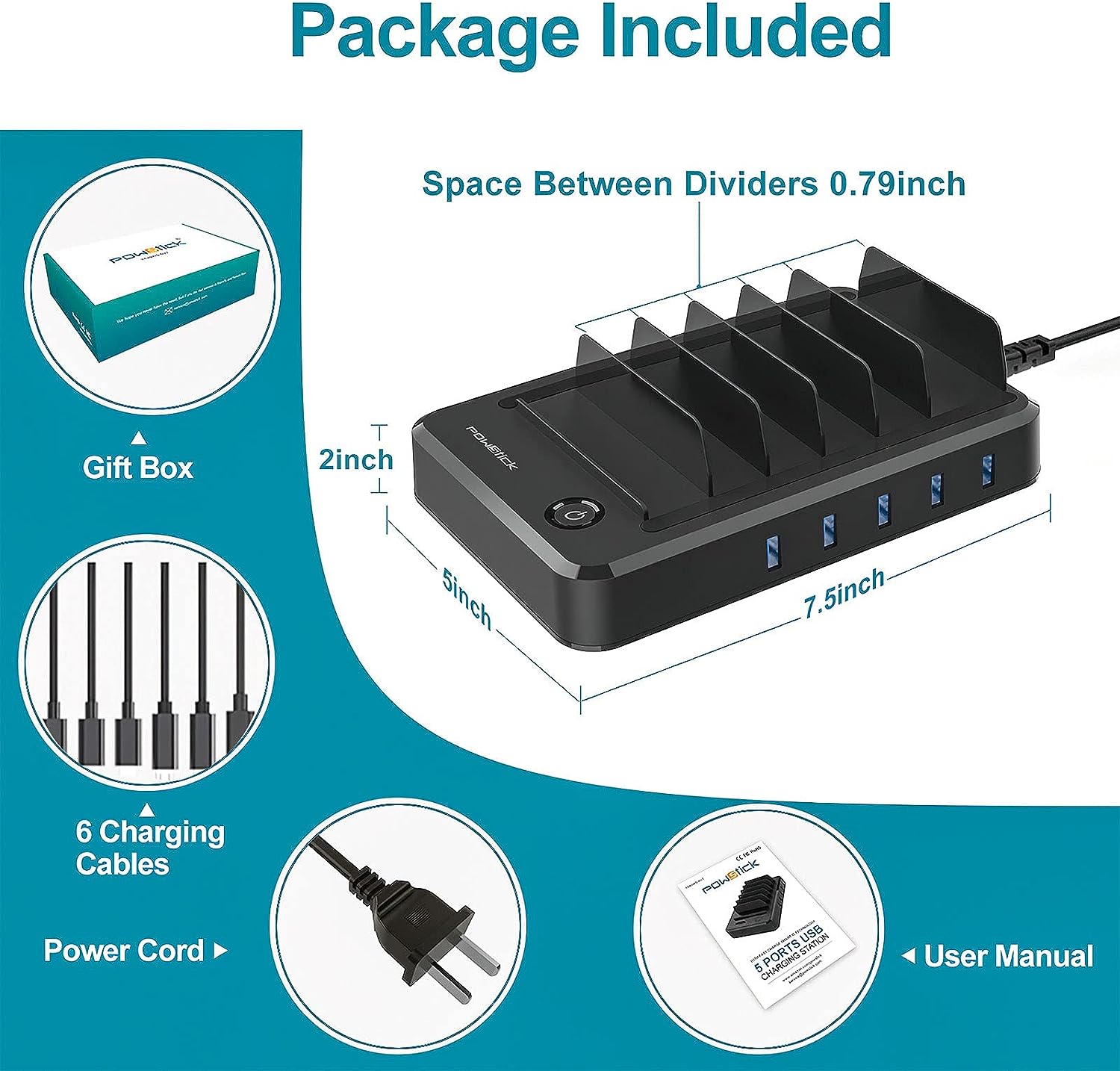 Charging Station for Multiple Devices 5 Ports with 6 Mixed Charging Cables Multi USB Charger Station Organizer for Cell Phones Tablets Tab Electronics Tech Gadget