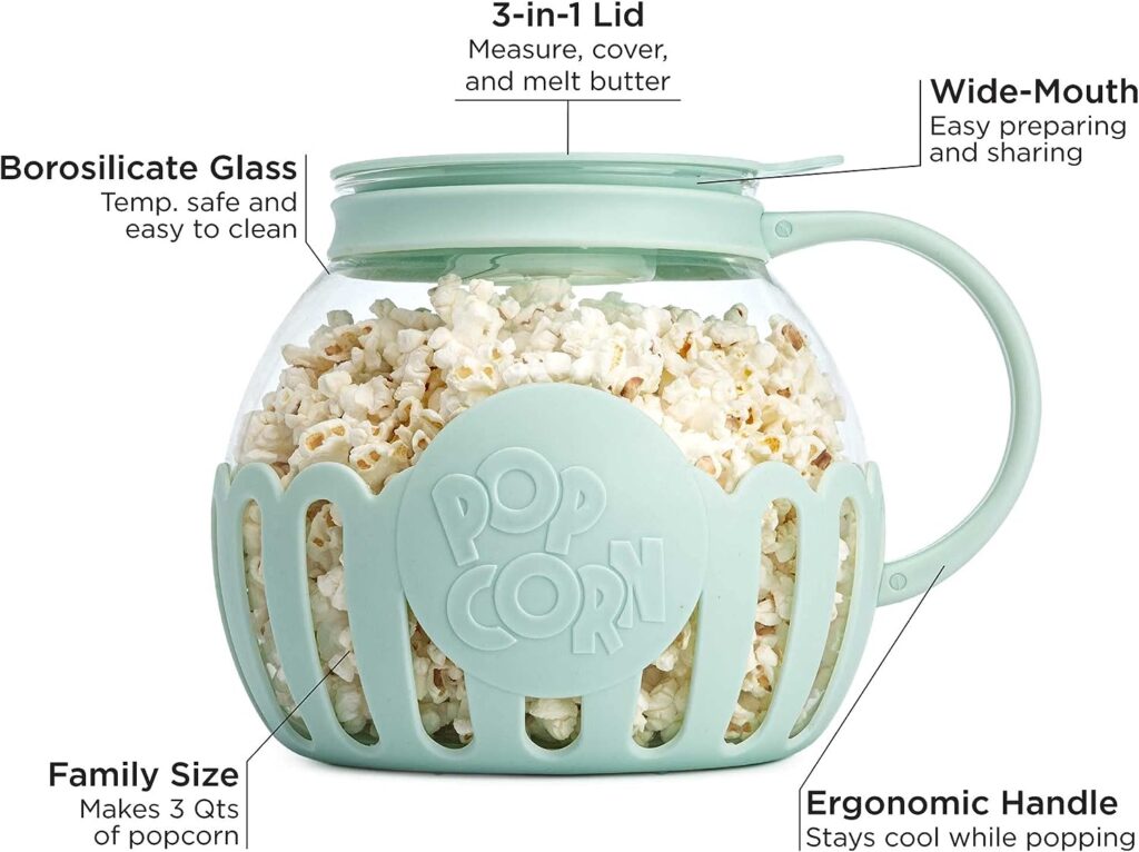 Ecolution Patented Micro-Pop Microwave Popcorn Popper with Temperature Safe Glass, 3-in-1 Lid Measures Kernels and Melts Butter, Made Without BPA, Dishwasher Safe, 3-Quart, Aqua