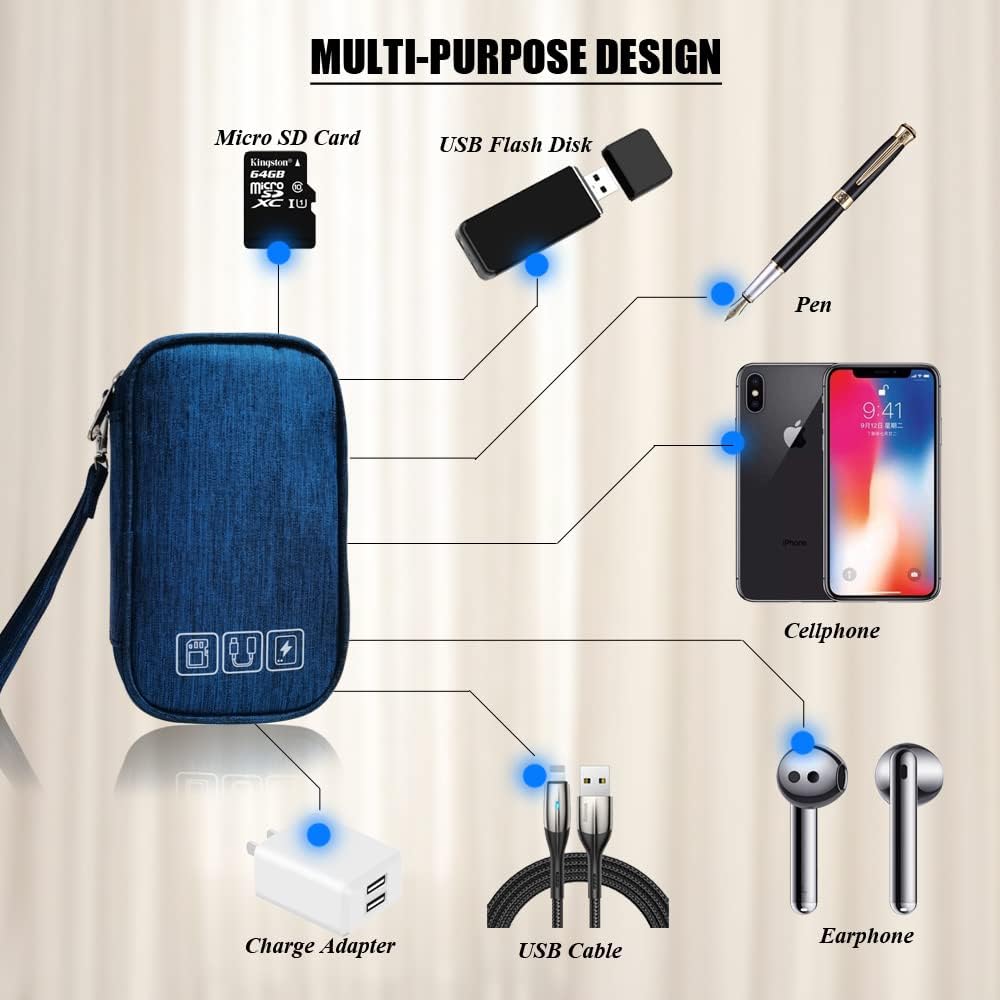 Electronic Organizer Bag Cable Organizer Travel Cord Organizer Case Pouch Portable Carrying Case for Charger Hard Drive Earphone USB SD Card (Navy)