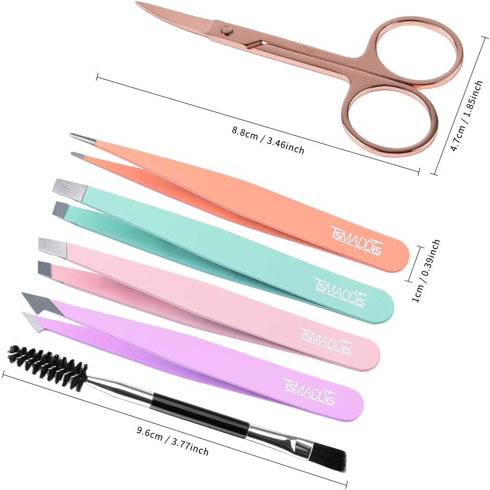 Eyebrow Tweezer Set, TsMADDTs 6 Pcs Tweezers Set for Women, Precision Tweezer for Eyebrows with Curved Scissors for Ingrown Hair, Hair Plucking Daily Beauty Tools with Leather Travel Case