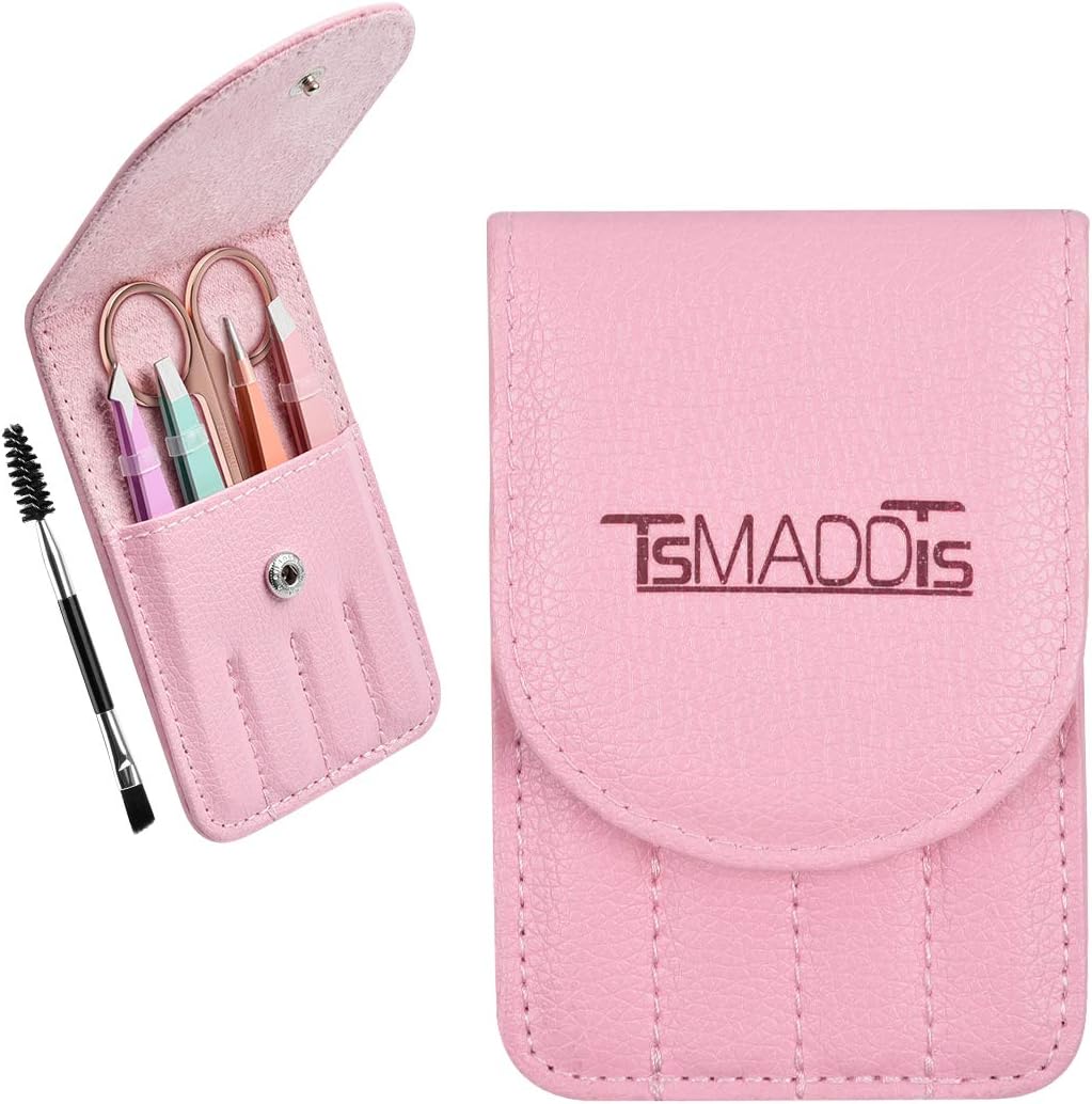 Eyebrow Tweezer Set, TsMADDTs 6 Pcs Tweezers Set for Women, Precision Tweezer for Eyebrows with Curved Scissors for Ingrown Hair, Hair Plucking Daily Beauty Tools with Leather Travel Case