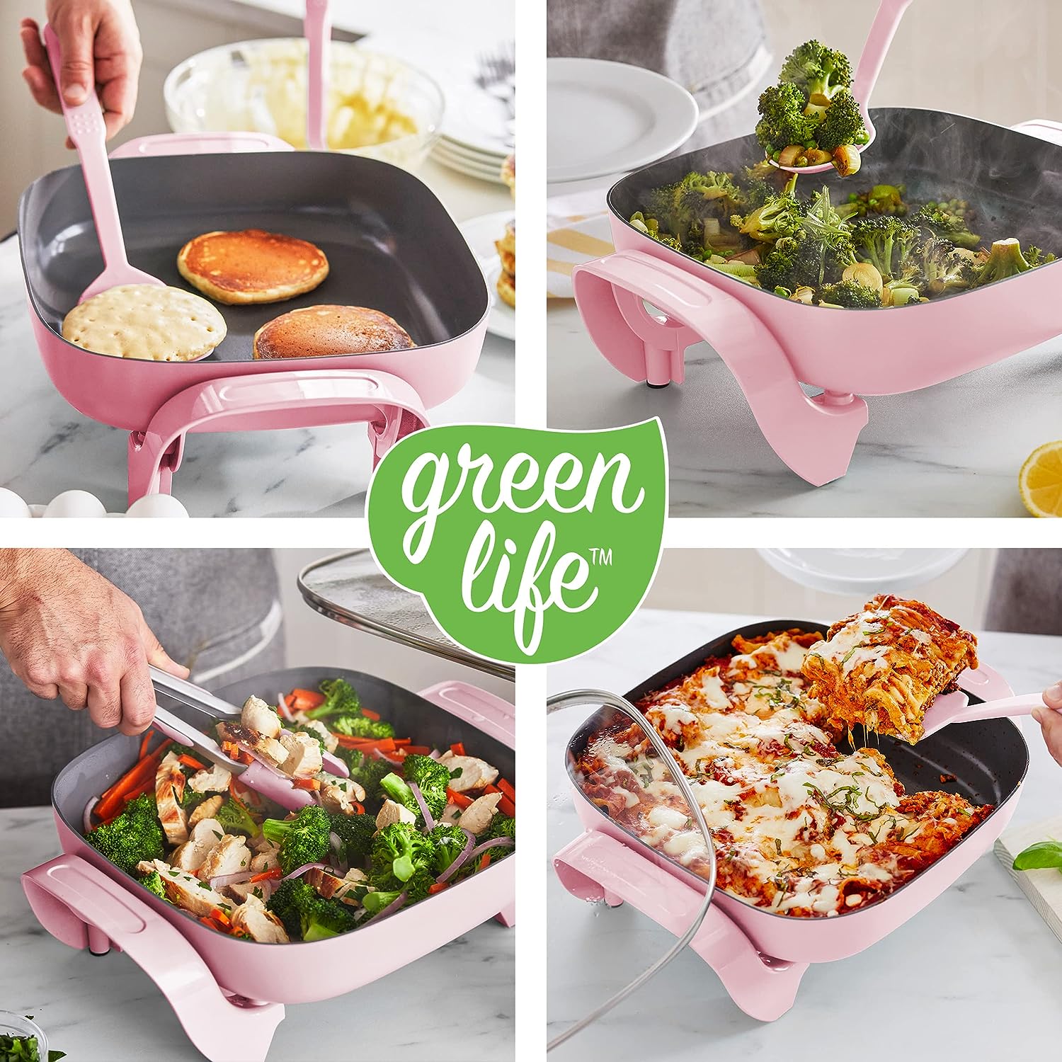 GreenLife Healthy Ceramic Nonstick, 12 5QT Square Electric Skillet with Glass Lid, Dishwasher Safe, Adjustable Temperature Control, PFAS-Free, Pink