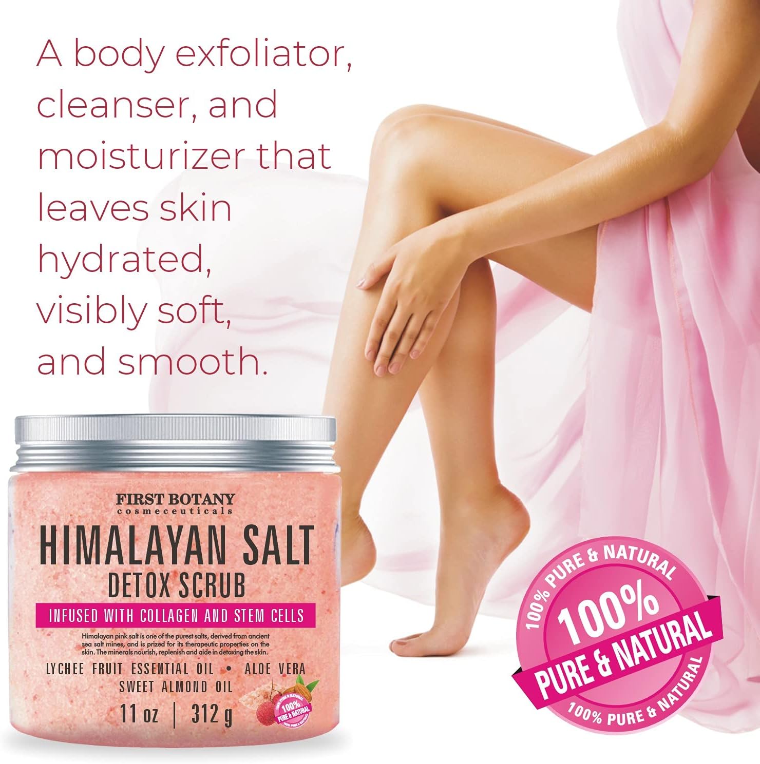 Himalayan Salt Body Scrub with Collagen and Stem Cells - Natural Exfoliating Salt Scrub  Body and Face Souffle helps with Moisturizing Skin, Acne, Cellulite, Dead Skin Scars, Wrinkles (11 oz)