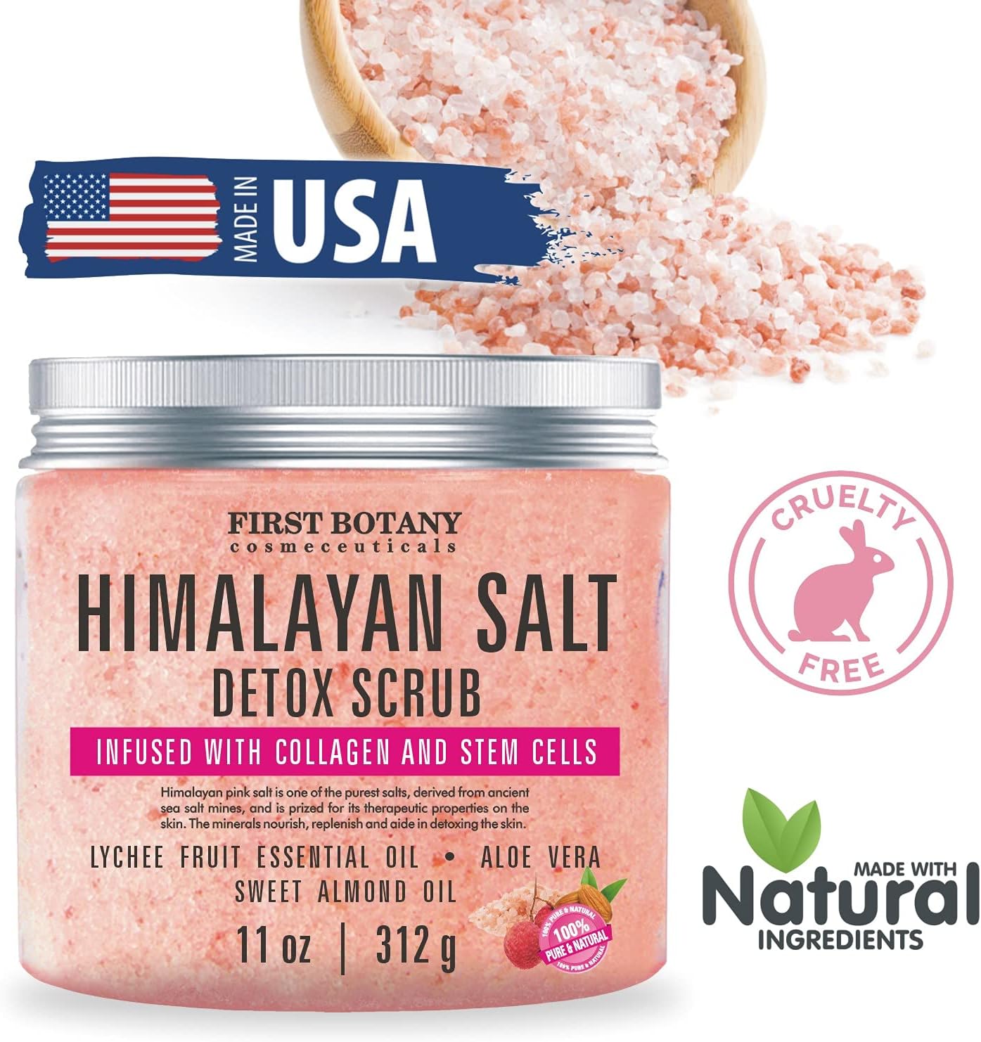 Himalayan Salt Body Scrub with Collagen and Stem Cells - Natural Exfoliating Salt Scrub  Body and Face Souffle helps with Moisturizing Skin, Acne, Cellulite, Dead Skin Scars, Wrinkles (11 oz)