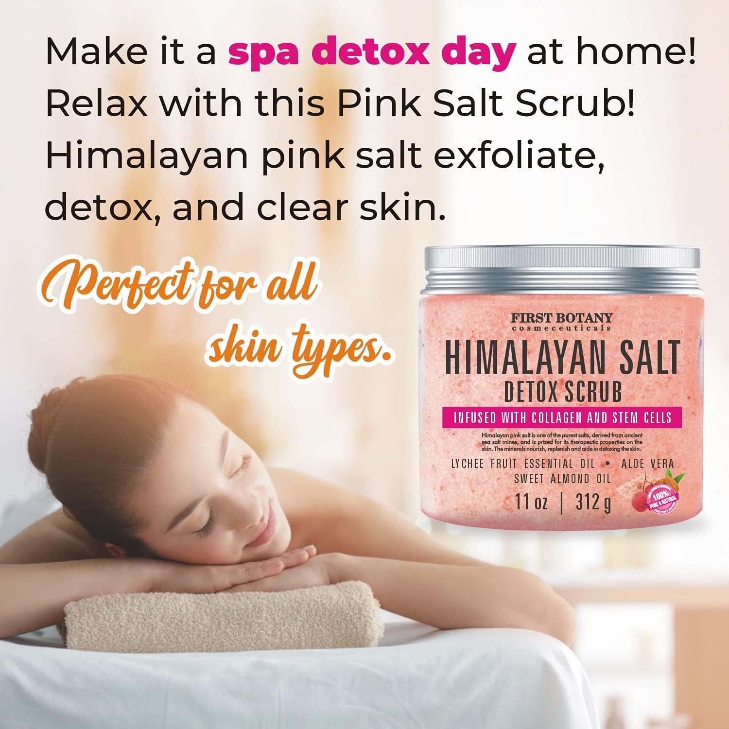 Himalayan Salt Body Scrub with Collagen and Stem Cells - Natural Exfoliating Salt Scrub  Body and Face Souffle helps with Moisturizing Skin, Acne, Cellulite, Dead Skin Scars, Wrinkles (11 oz)