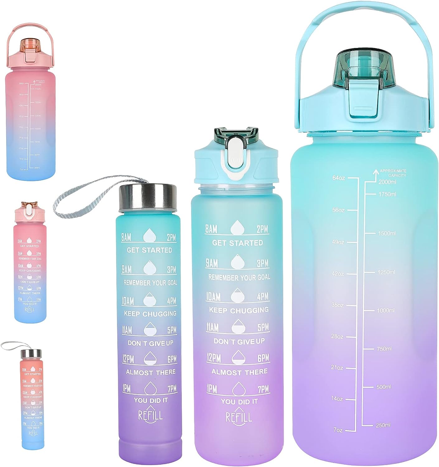 Howeemo 3 Pcs Water Bottles with Times to Drink and Straw