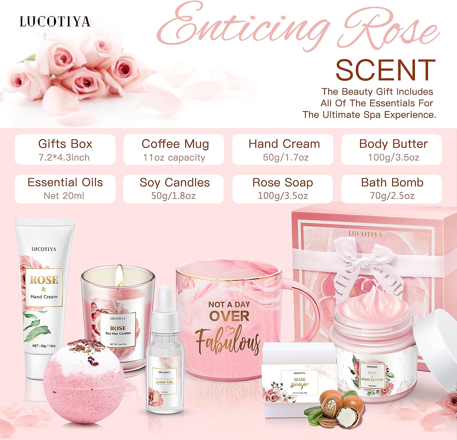 LUCOTIYA Birthday Gifts for Women Best Spa Gifts Baskets Box for Her Wife Mom Best Friend Mother Grandma Bday Bath and Body Kit Sets Self Care Present Beauty Products Package Rose Scent