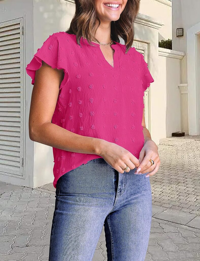 MEROKEETY Women 2023 Summer V Neck Ruffle Short Sleeve Blouse Swiss Dot Flowy Shirt Tunic Top