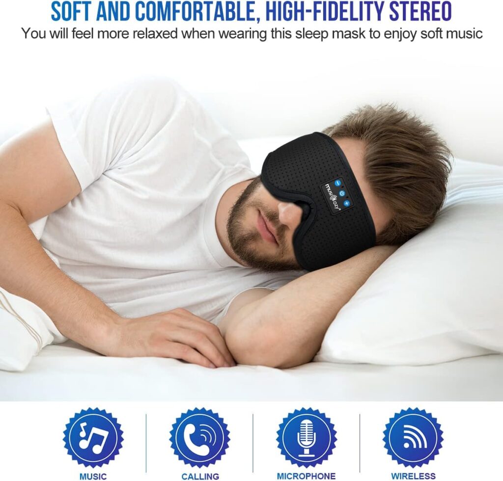 MUSICOZY Sleep Headphones Bluetooth 5.2 Headband Sleeping Headphones, Wireless Headband Headphones Eye Mask Sleep Earbuds for Side Sleeper with HD Speakers Cool Tech Gadgets Unique Holiday Gifts