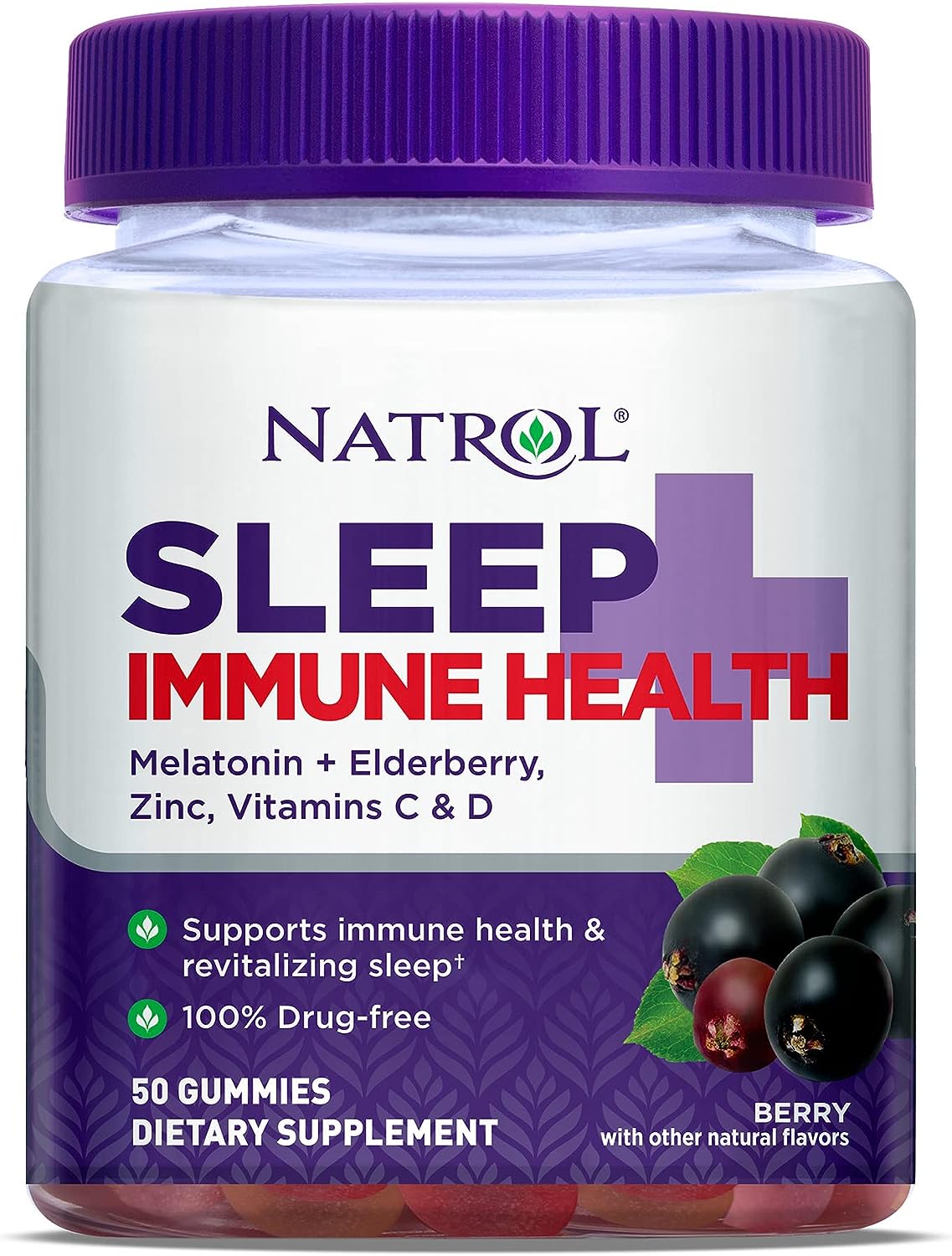 Natrol Sleep+ Immune Health Gummy, Sleep Aid  Immunity Support, Elderberry, Vitamins C, D and Zinc, Drug Free, 50 Berry Flavored Gummies : Health  Household
