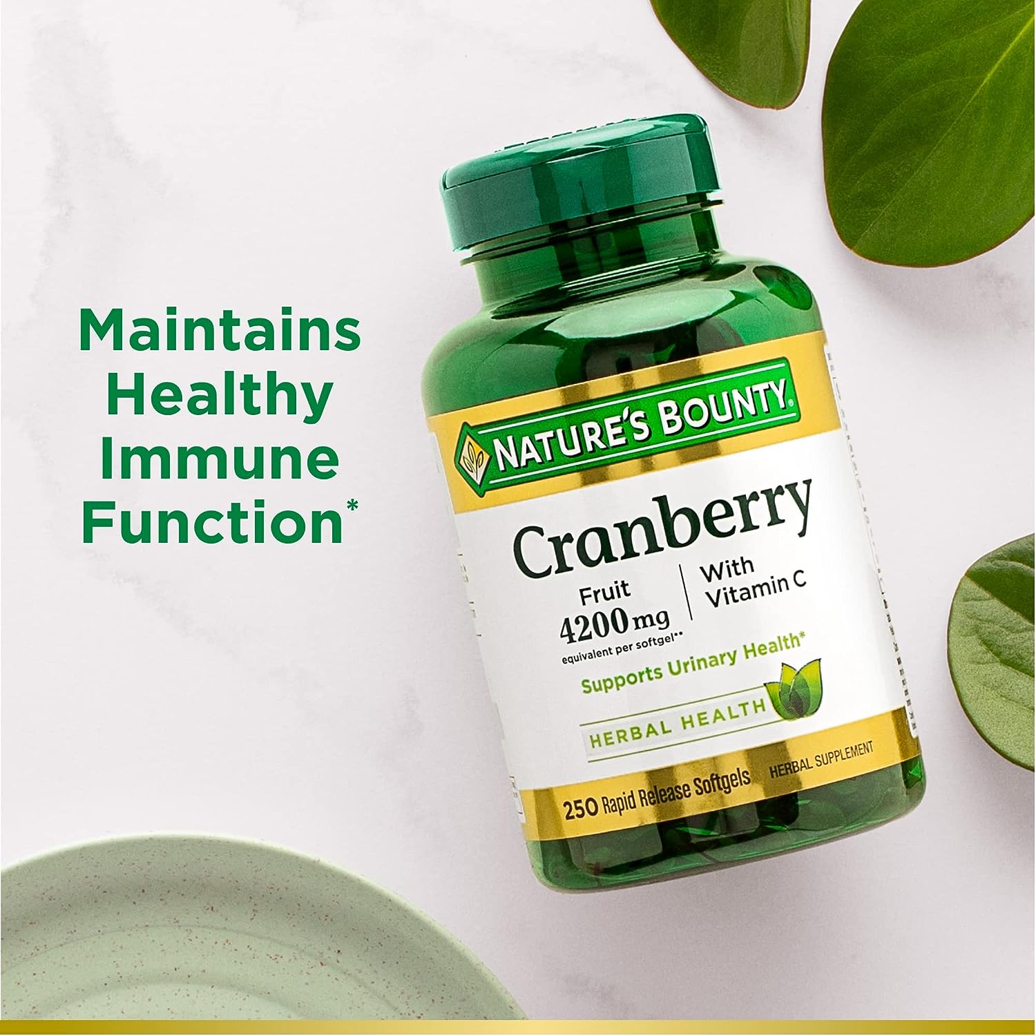 Nature’s Bounty Cranberry 4200mg With Vitamin C, Urinary Health  Immune Support, Cranberry Concentrate, 250 Rapid Release Softgels