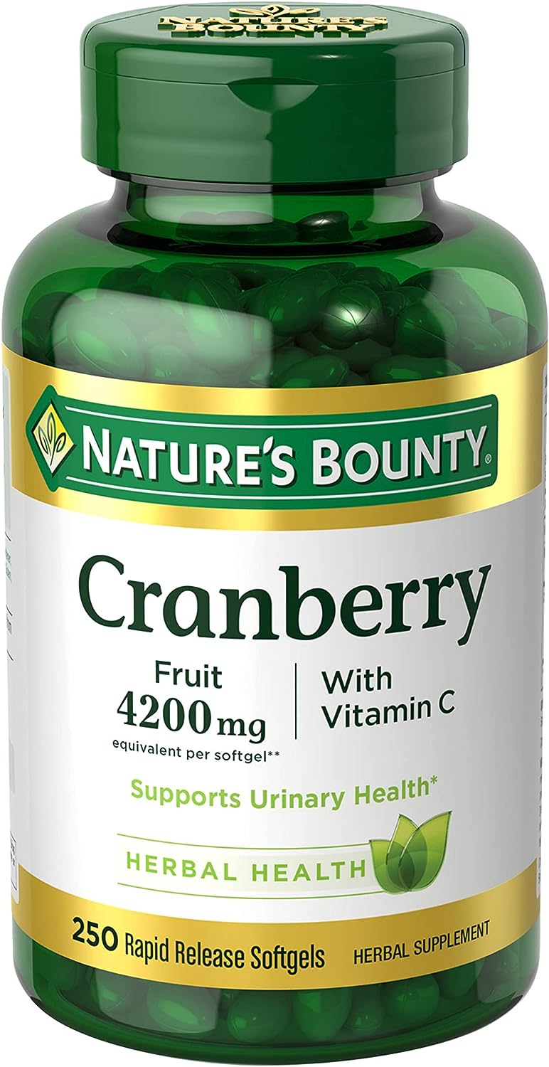 Nature’s Bounty Cranberry 4200mg With Vitamin C, Urinary Health  Immune Support, Cranberry Concentrate, 250 Rapid Release Softgels