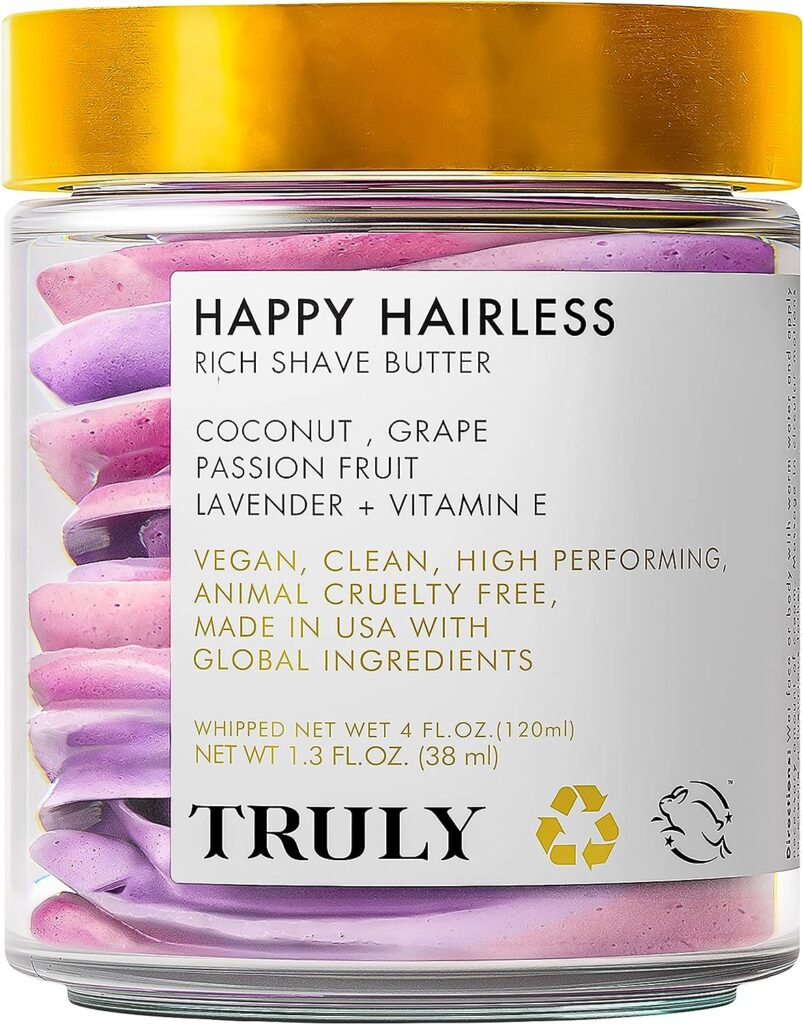 Truly Beauty Happy Hairless Shave Butter - Natural Shaving Cream for Women, Coconut Oil and More for Smooth, Nourished Skin - 1.3 Fl Oz