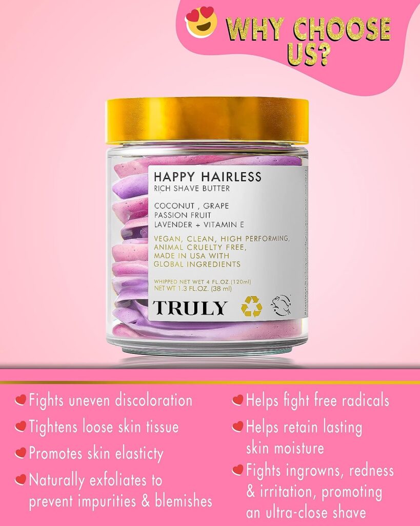 Truly Beauty Happy Hairless Shave Butter - Natural Shaving Cream for Women, Coconut Oil and More for Smooth, Nourished Skin - 1.3 Fl Oz