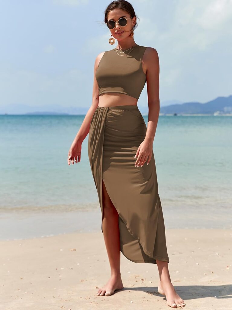 ZAFUL Womens Casual Sleeveless Summer Two Piece Outfits Crop Top and Side Split Draped Ruched Maxi Skirt Set Solid Suiting