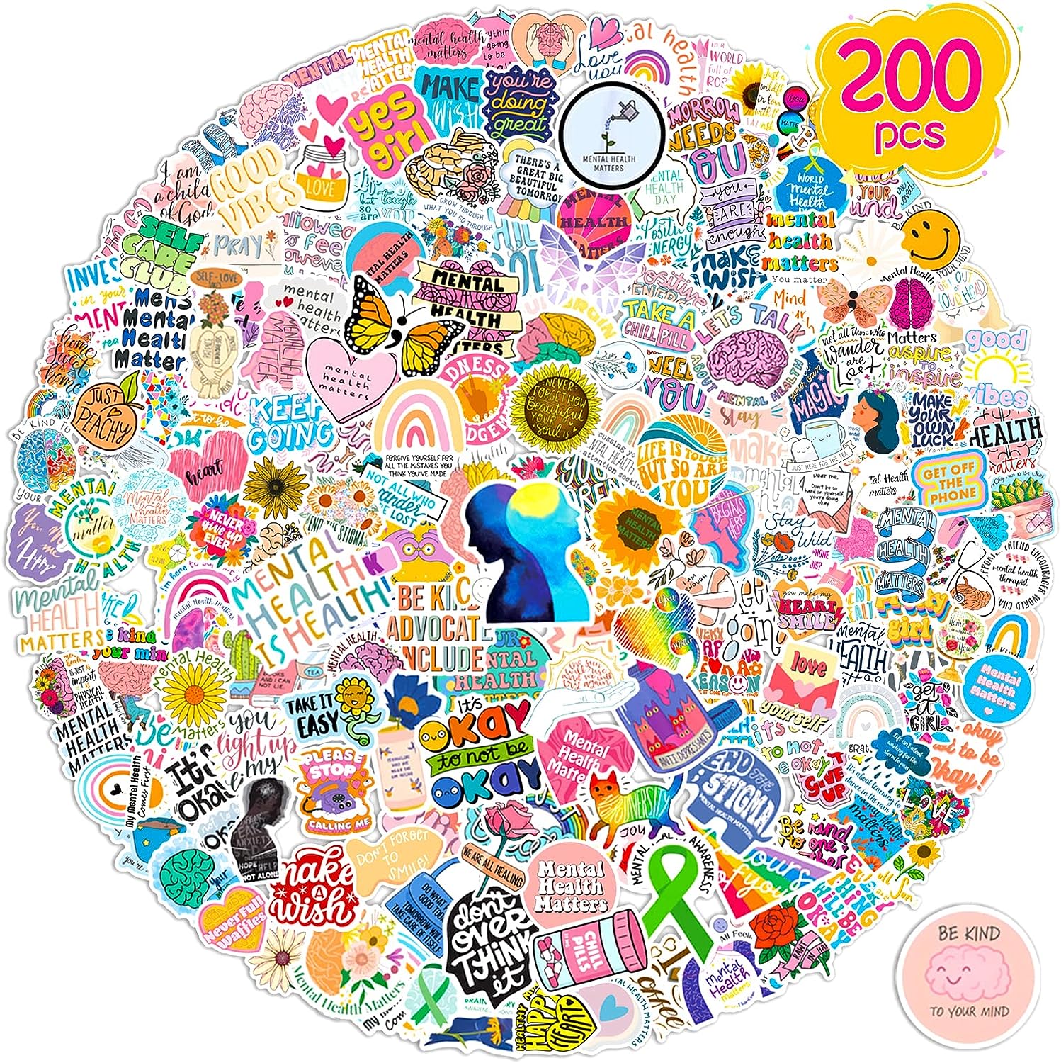 200 PCS colored mental health awareness stickers, gifts from mental health therapists, encouragement stickers, adult inspirational female male mental health gift stickers, waterproof vinyl aesthetic stickers