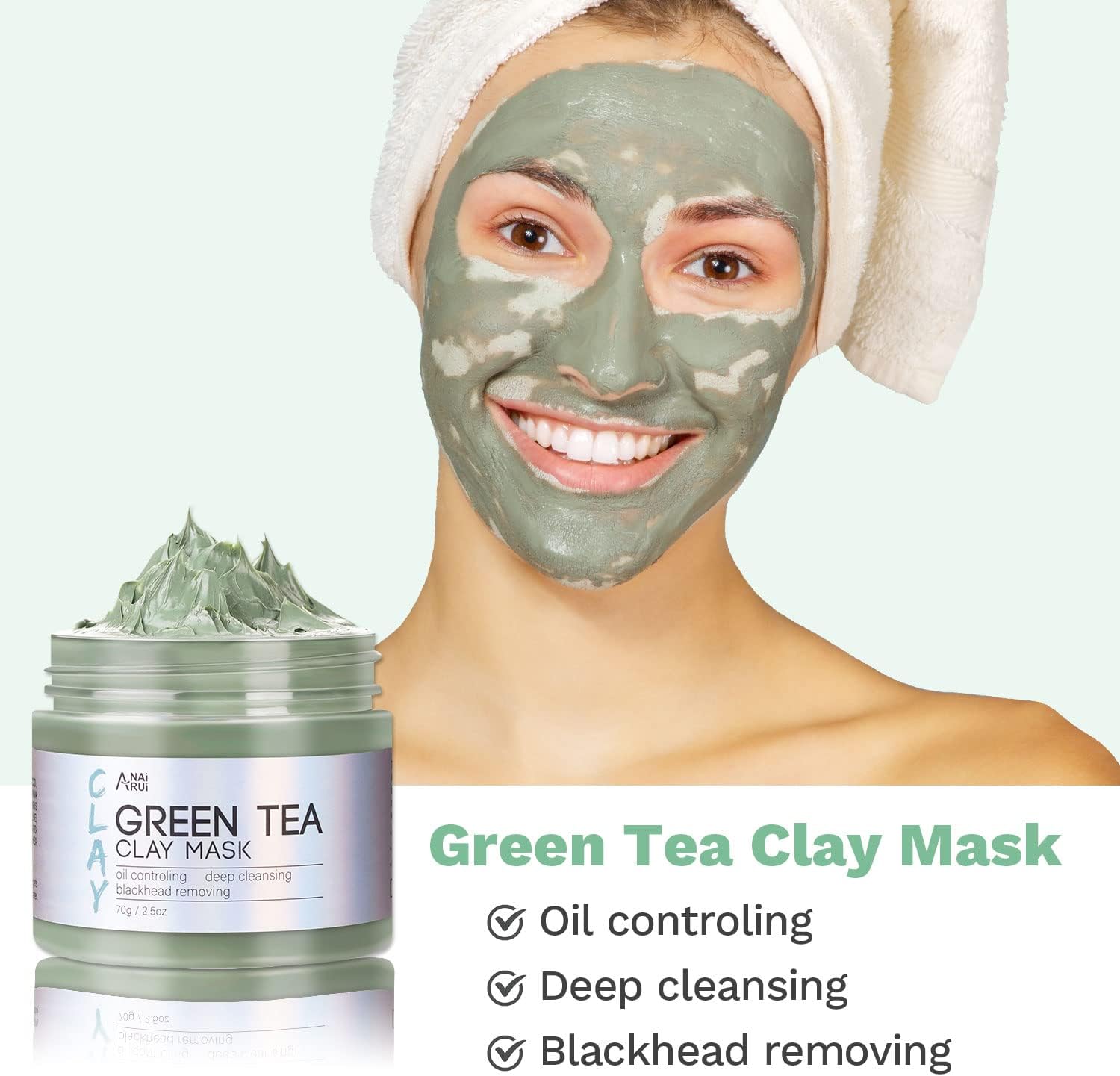 ANAI RUI Turmeric Clay Mask - Green Tea and Dead Sea Minerals, Spa Facial Mask Set for Pore Treatment/Smooth/Clarify, Indoor Use, 2.5 oz each