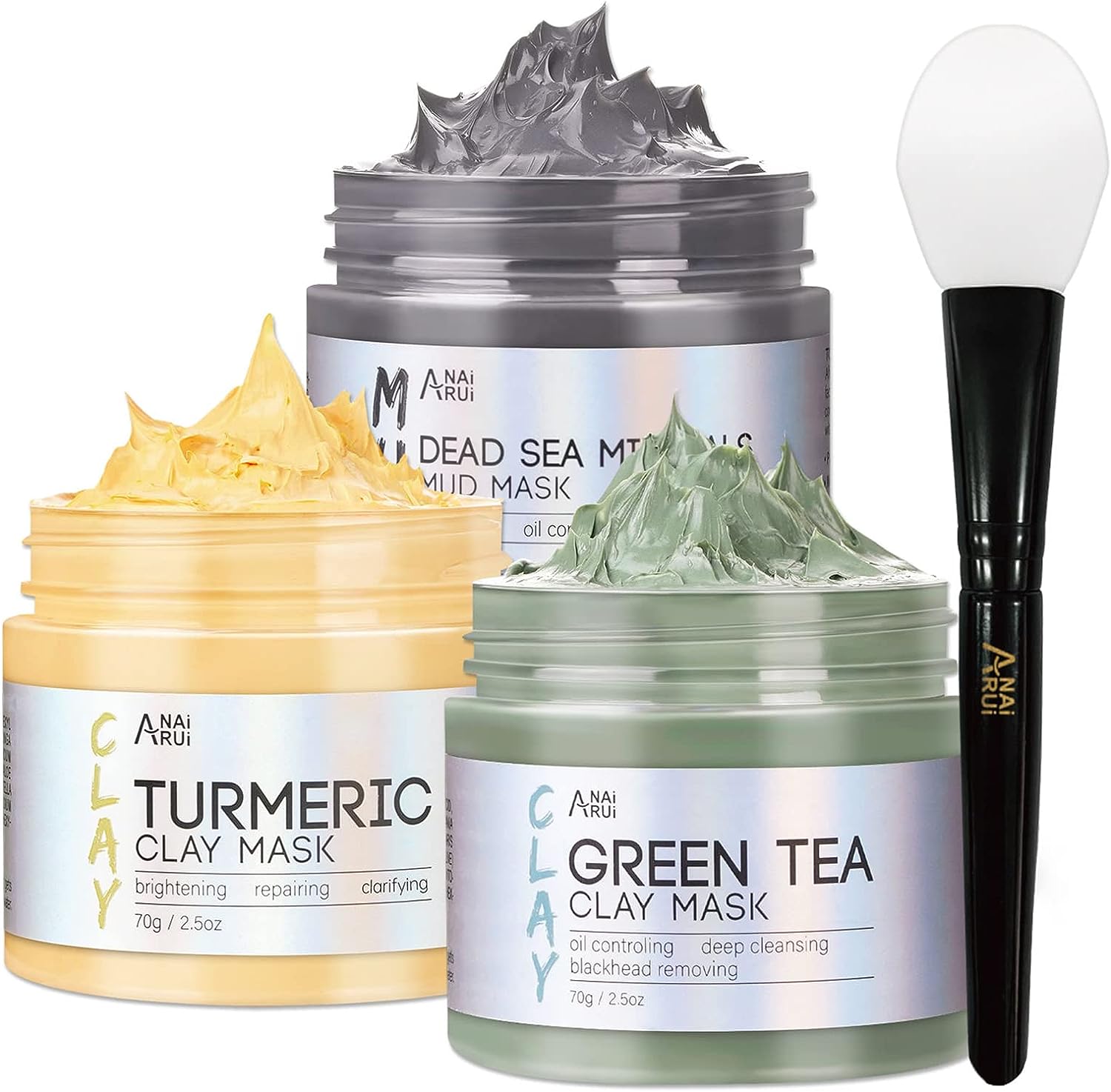 ANAI RUI Turmeric Clay Mask - Green Tea and Dead Sea Minerals, Spa Facial Mask Set for Pore Treatment/Smooth/Clarify, Indoor Use, 2.5 oz each