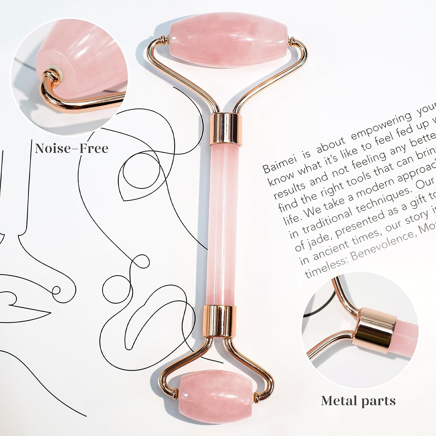 BAIMEI Jade Roller  Gua Sha, Face Roller, Facial Beauty Roller Skin Care Tools, Massager for Face, Eyes, Neck, Body Muscle Relaxing and Relieve Fine Lines and Wrinkles - Rose Quartz