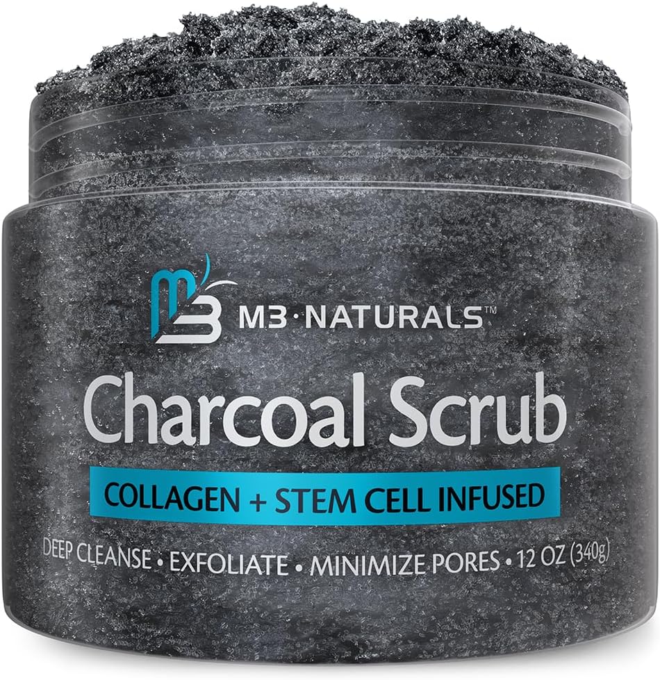 Charcoal Exfoliating Face  Body Scrub Polish with Collagen  Stem Cell Gentle Body Exfoliator Bump Eraser Best Shower Scrub Skin Exfoliant Moisturize Skin Exfoliate Absorbs Nutrients by M3 Naturals