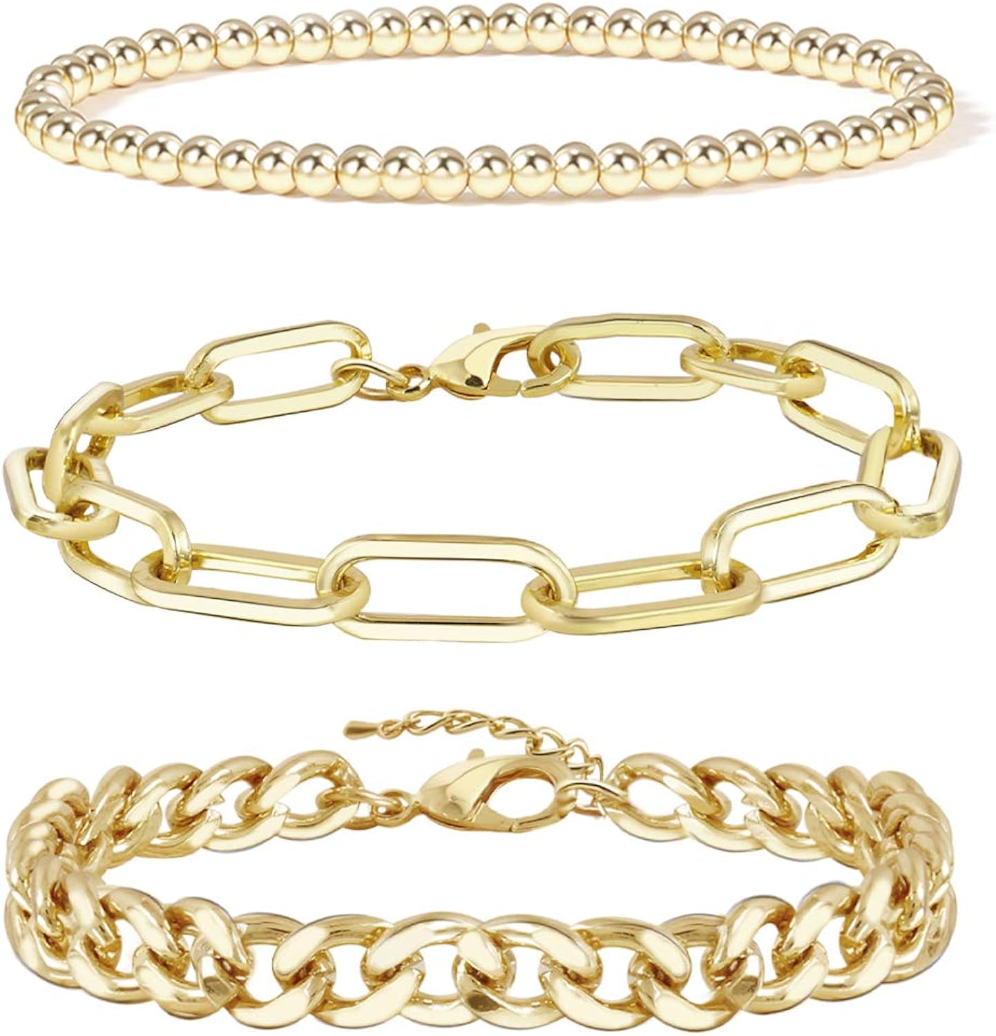 CONRAN KREMIX Gold Bracelet Sets for Women Girls 14K Real Gold Chain Dainty Link Paperclip Bracelets Stake Adjustable Layered Metal Link Bracelet Set Fashion Jewelry