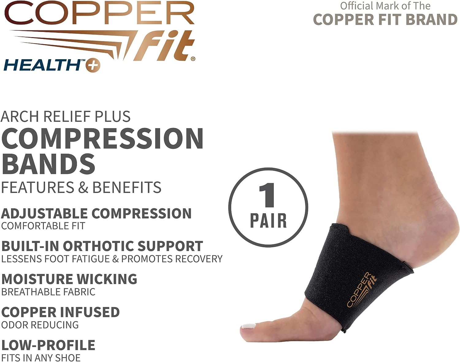 Copper Fit Health Unisex Arch Relief Plus with Built-In Orthotic Support, Black