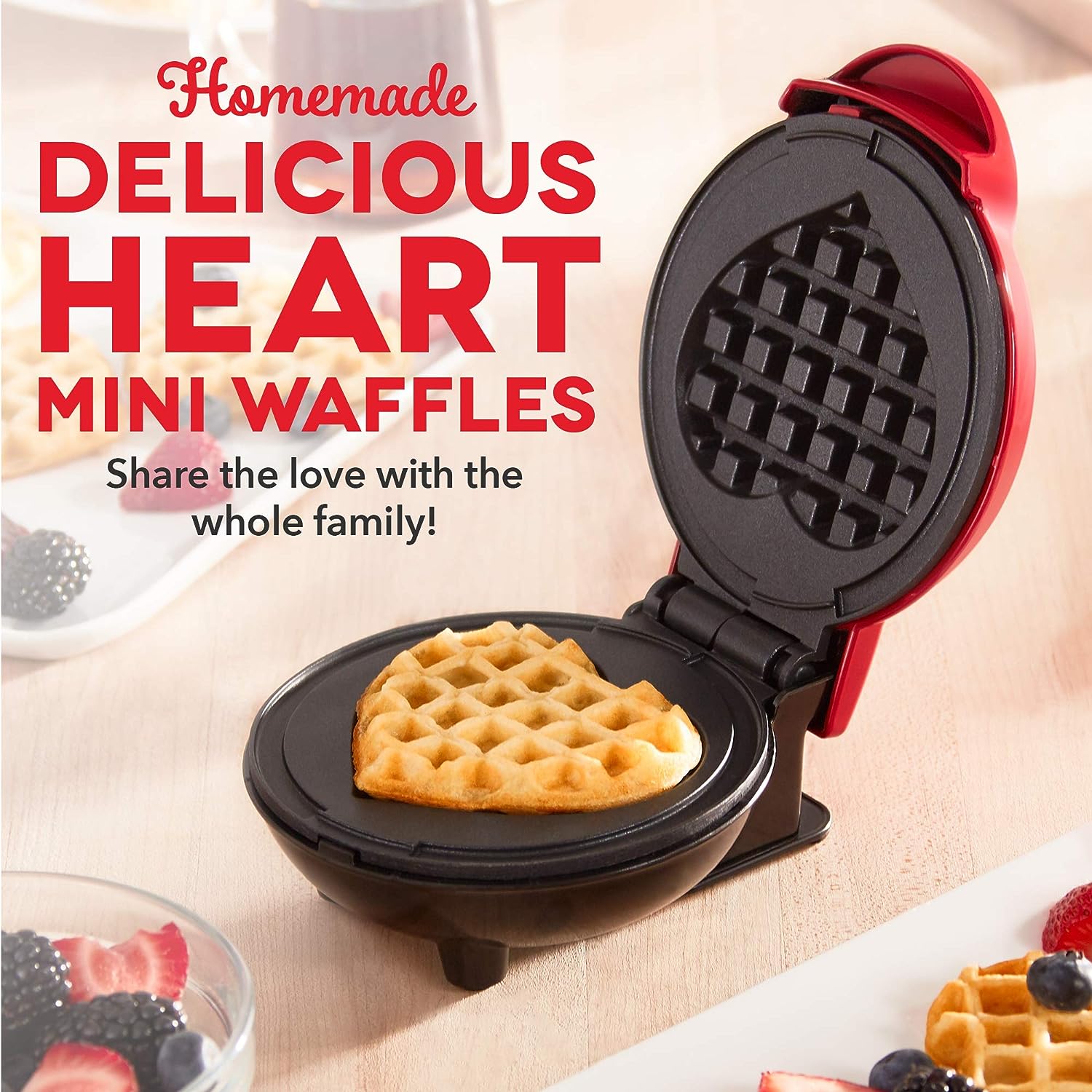 DASH Mini Waffle Maker Machine for Individuals, Paninis, Hash Browns,  Other On the Go Breakfast, Lunch, or Snacks, with Easy to Clean, Non-Stick Sides, Red Heart 4 Inch