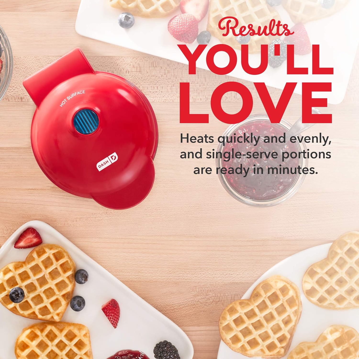 DASH Mini Waffle Maker Machine for Individuals, Paninis, Hash Browns,  Other On the Go Breakfast, Lunch, or Snacks, with Easy to Clean, Non-Stick Sides, Red Heart 4 Inch