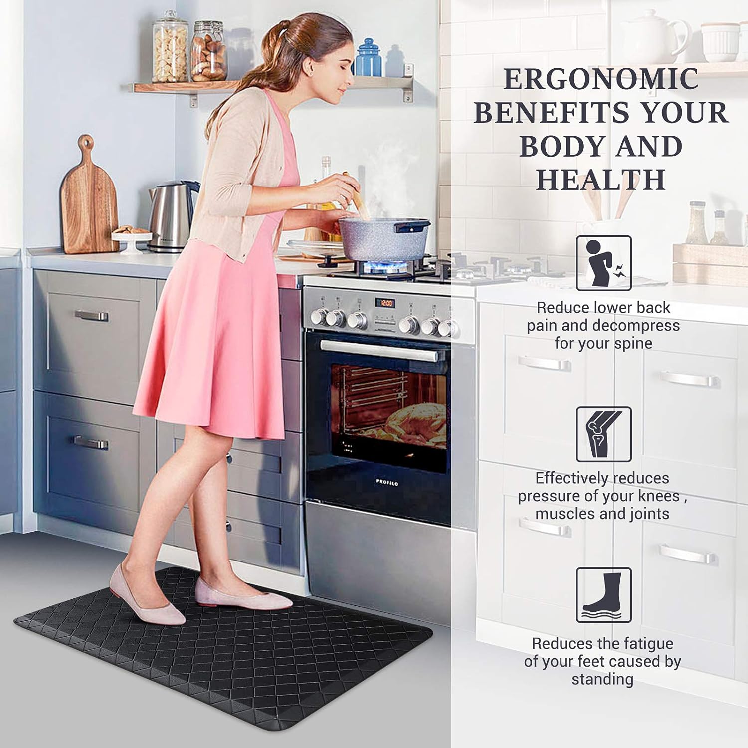 HappyTrends Floor Mat Cushioned Anti-Fatigue ,17.3x28,Thick Waterproof Non-Slip Mats and Rugs Heavy Duty Ergonomic Comfort Rug for Kitchen,Floor,Office,Sink,Laundry,Black