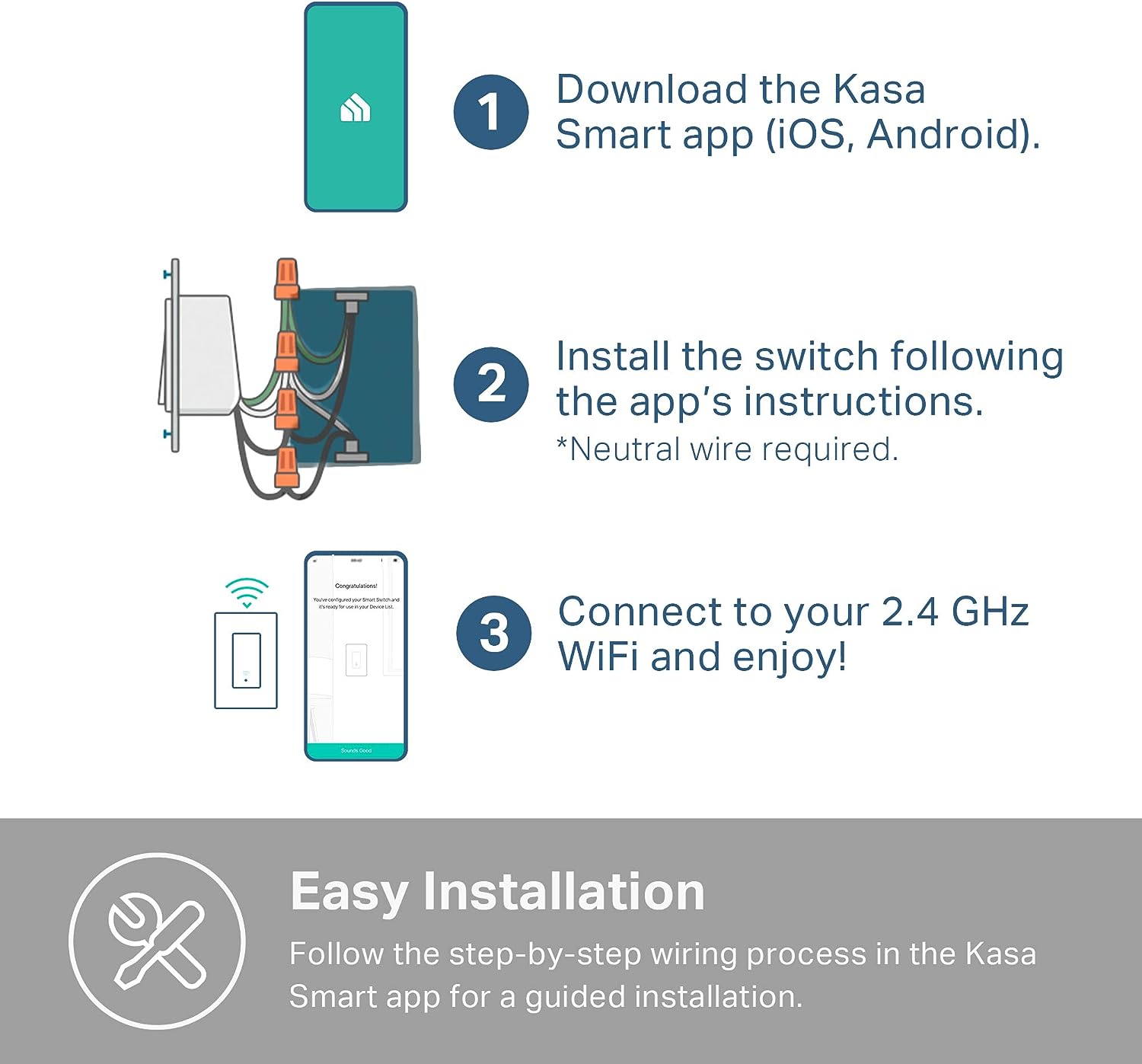 Kasa Smart Light Switch HS200, Single Pole, Needs Neutral Wire, 2.4GHz Wi-Fi Light Switch Works with Alexa and Google Home, UL Certified, No Hub Required , White