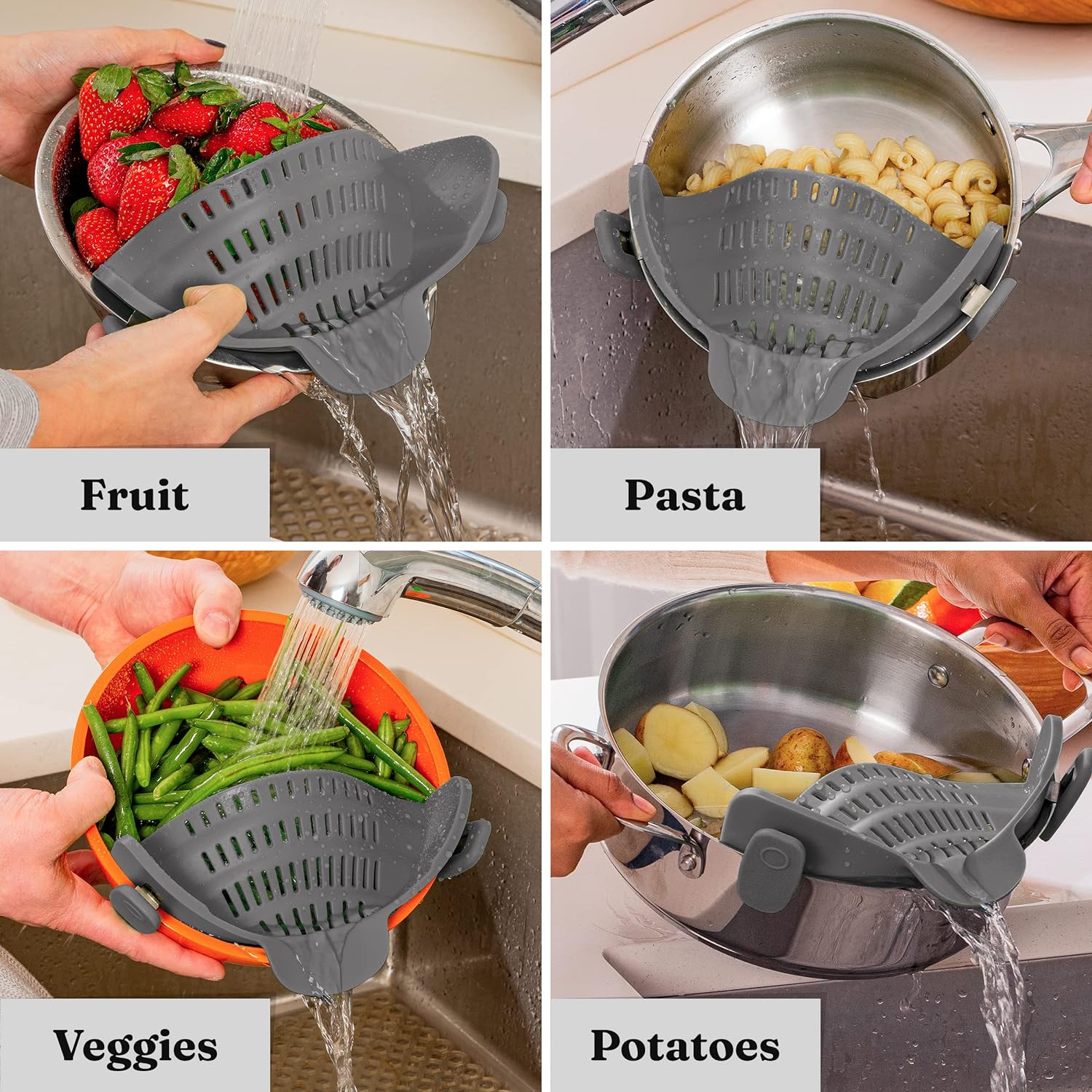 Kitchen Gizmo Snap N Strain Pot Strainer and Pasta Strainer - Adjustable Silicone Clip On Strainer for Pots, Pans, and Bowls - Kitchen Colander, Kitchen Gadgets, Noodle Strainer, Food Strainer - Gray