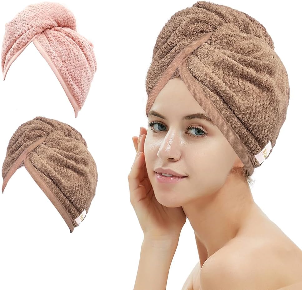 M-bestl 2 Pack Hair Drying Towels, Hair Wrap Towels, Absorbent Microfiber Hair Towel Turban with Button Design to Dry Hair Quickly(Coffee Pink)