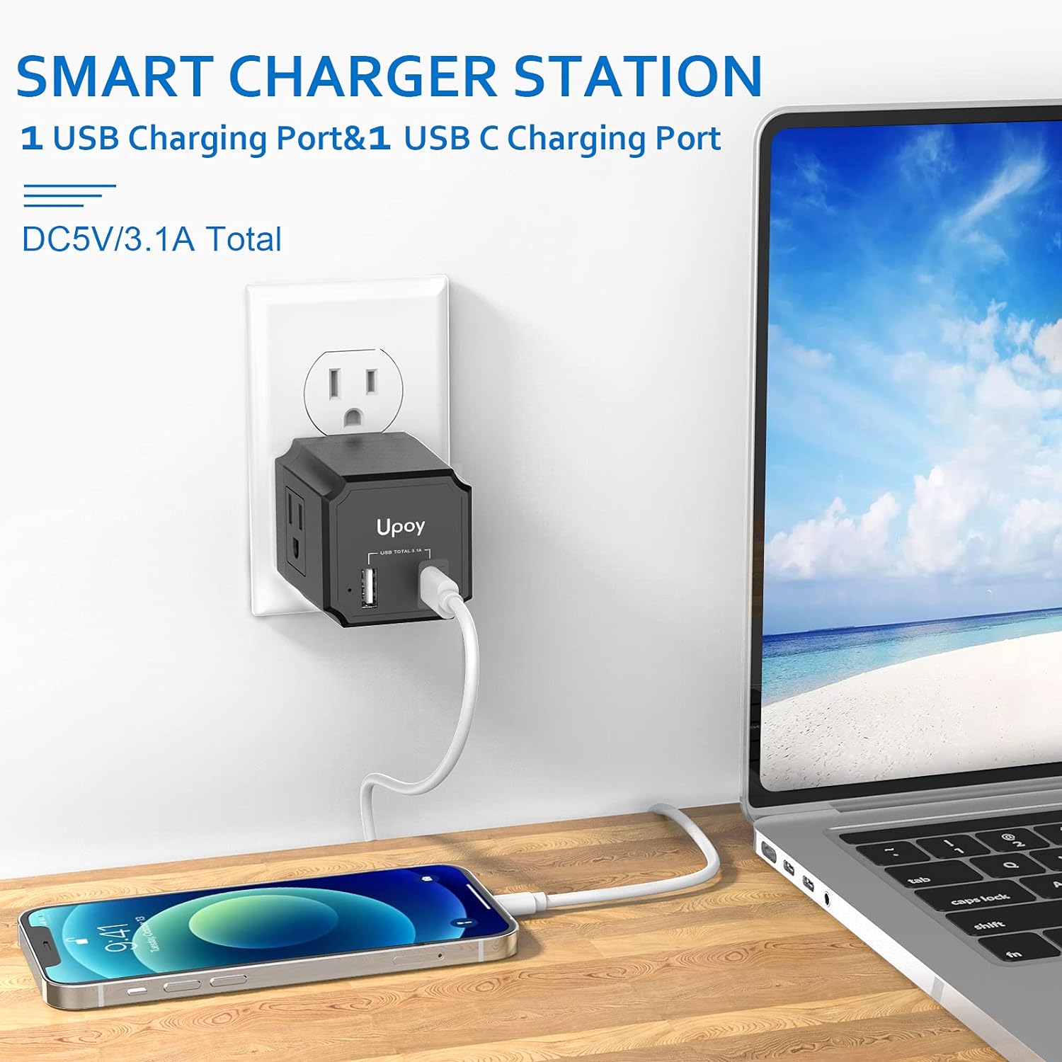 USB Charging Station with Outlets Upoy, Outlet Extender 1875W, Charging Cube Dual USB Ports Total 3.1A, C Port Block with 3 Wall Outlets, Power Adapter 3 Prong, Tech Gadget for Multiple Electronics