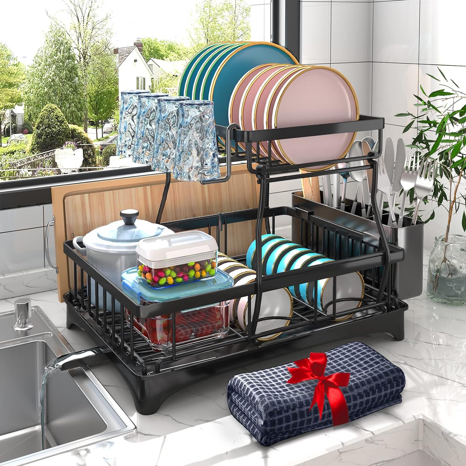 Amazon.com - Godboat Dish Drying Rack with Drainboard, 2-Tier Dish Racks for Kitchen Counter, Dish Drainer Set with Utensils Holder, Large Capacity Dish Strainers with Extra Drying Mat (Black)