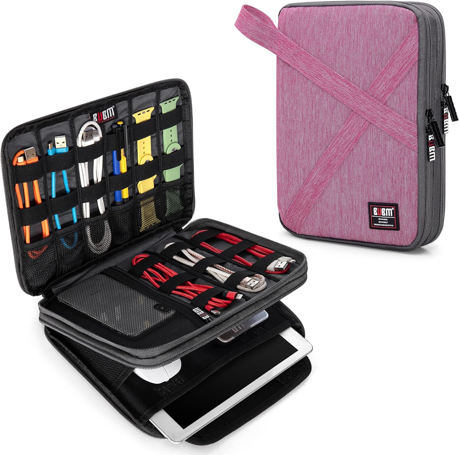 BUBM Electronic Accessories Organizer, Double Layer Travel Cable Organizer Bag, Travel Gadget Bag for Cable, USB, Earphone and More, A Padded Pouch Fits for iPad up to 9.7, (Large, Denim Pink)