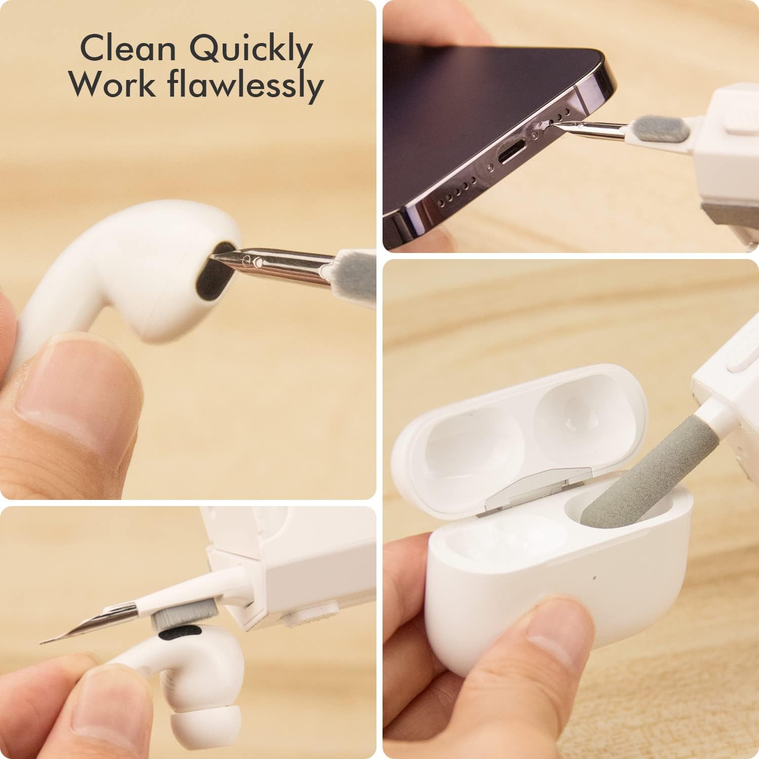 Cleaner Kit for Airpods Pro 1 2 3 Multi-Function Cleaning Pen with Soft Brush Flocking Sponge for Bluetooth Earphones Case Cleaning Tools White