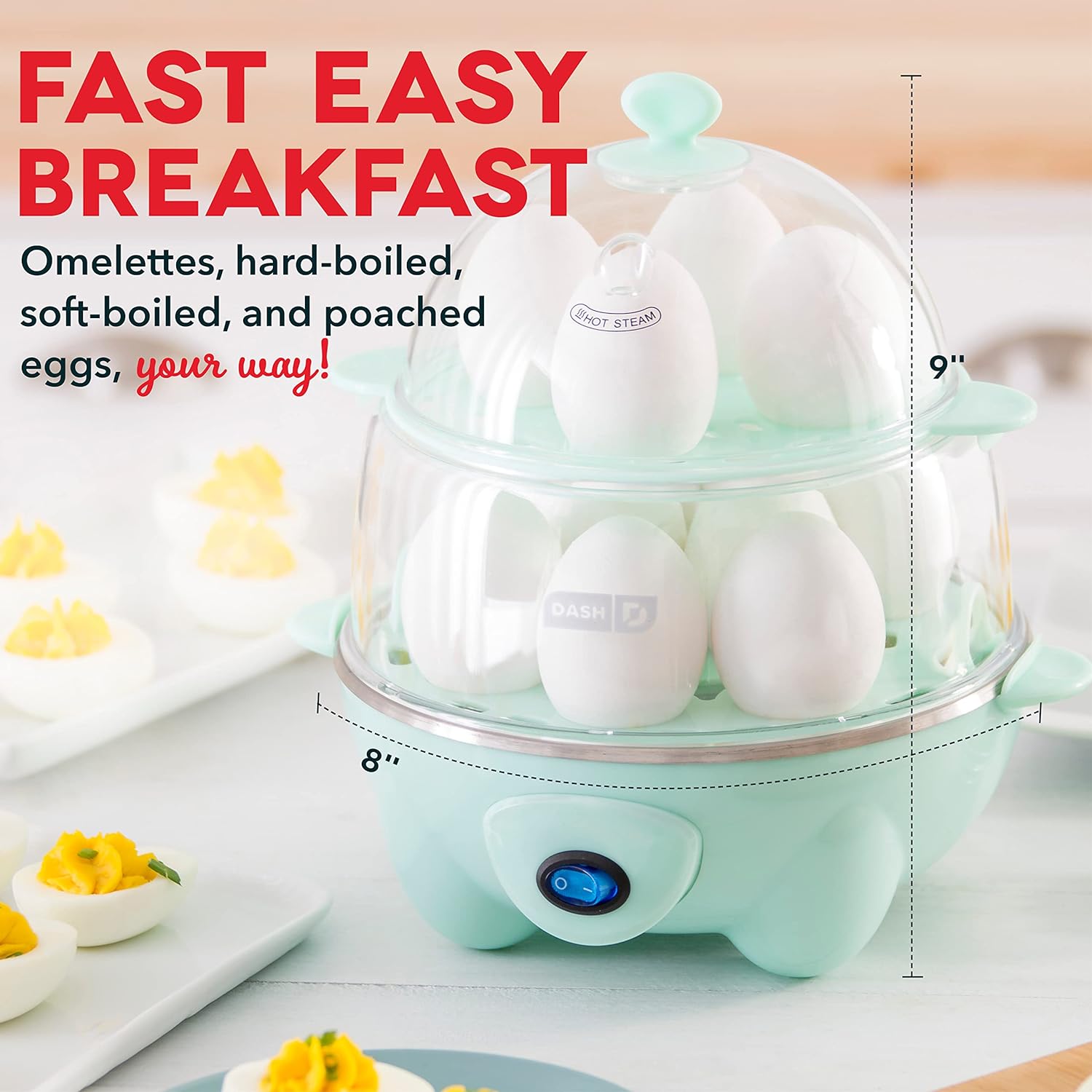 DASH Deluxe Rapid Egg Cooker for Hard Boiled, Poached, Scrambled Eggs, Omelets, Steamed Vegetables, Dumplings  More, 12 capacity, with Auto Shut Off Feature - Red