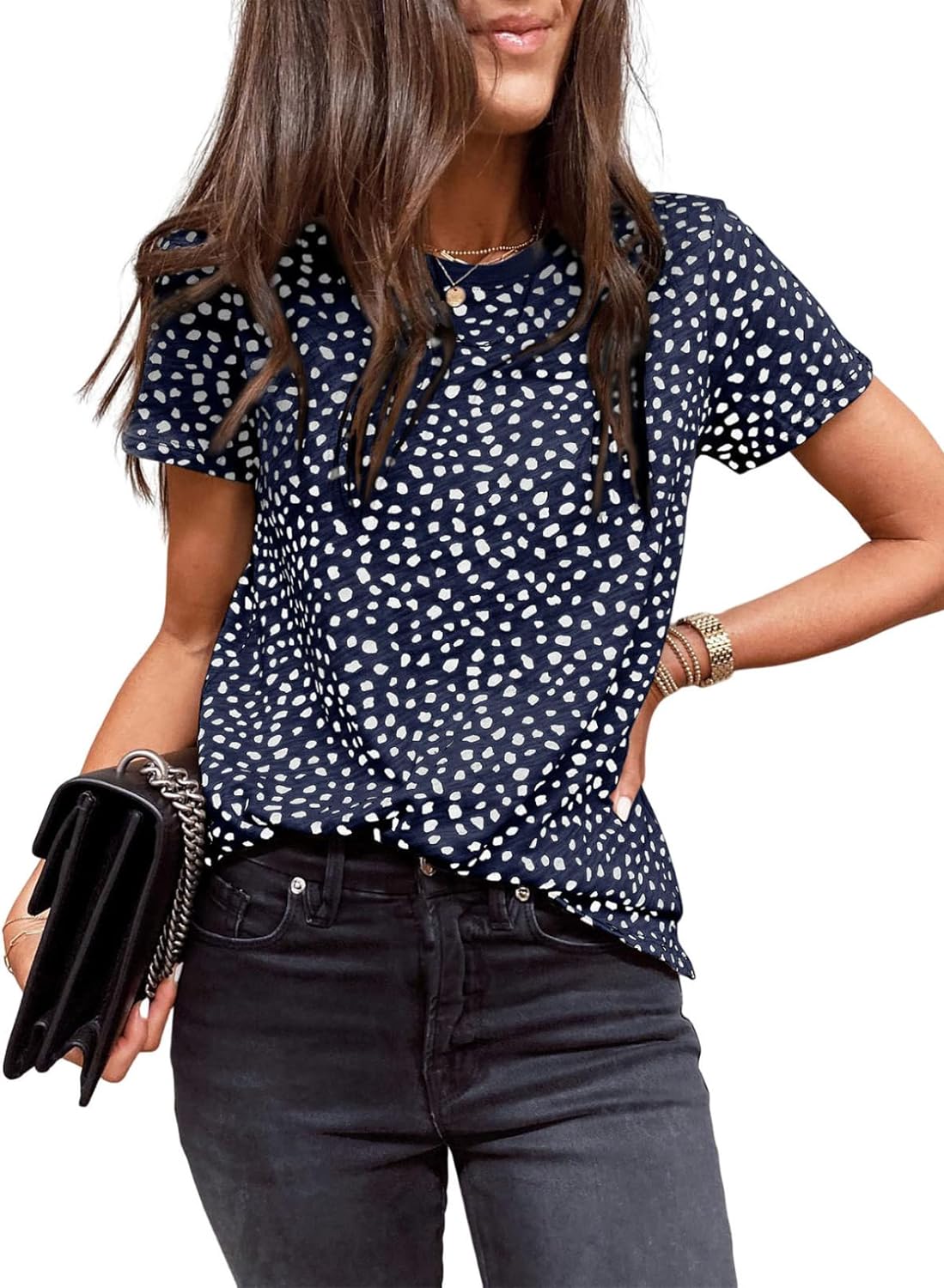 EVALESS Womens Casual Polka Dot Tops Crewneck Short Sleeve T Shirts Fashion 2023 Spring Summer Loose Fit Shirts