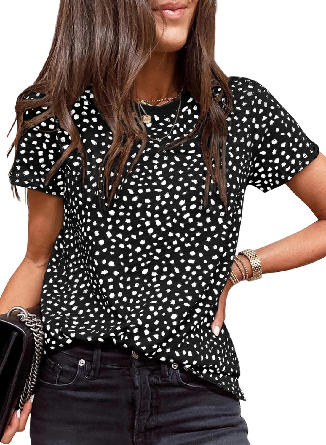 EVALESS Womens Casual Polka Dot Tops Crewneck Short Sleeve T Shirts Fashion 2023 Spring Summer Loose Fit Shirts