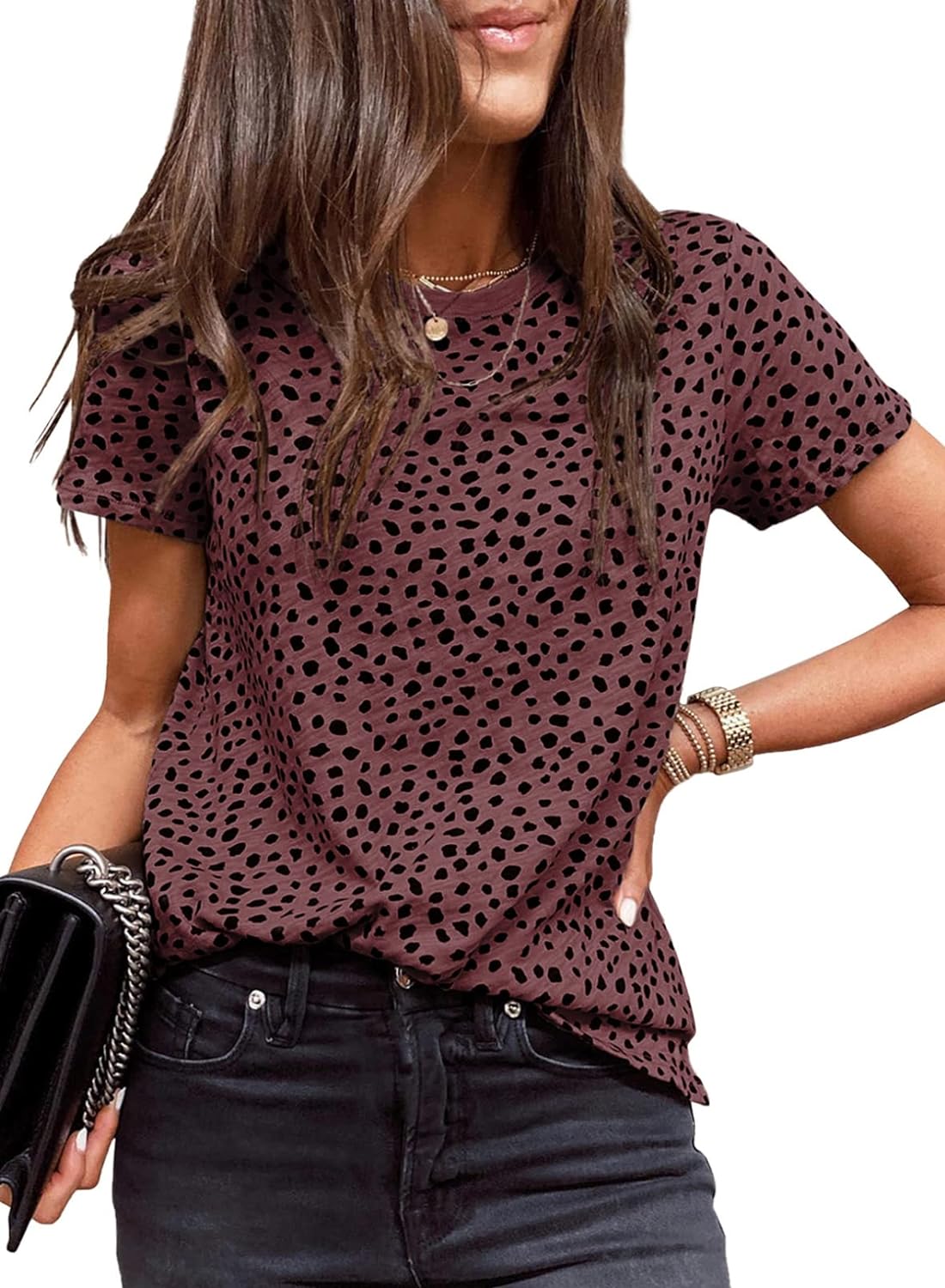 EVALESS Womens Casual Polka Dot Tops Crewneck Short Sleeve T Shirts Fashion 2023 Spring Summer Loose Fit Shirts