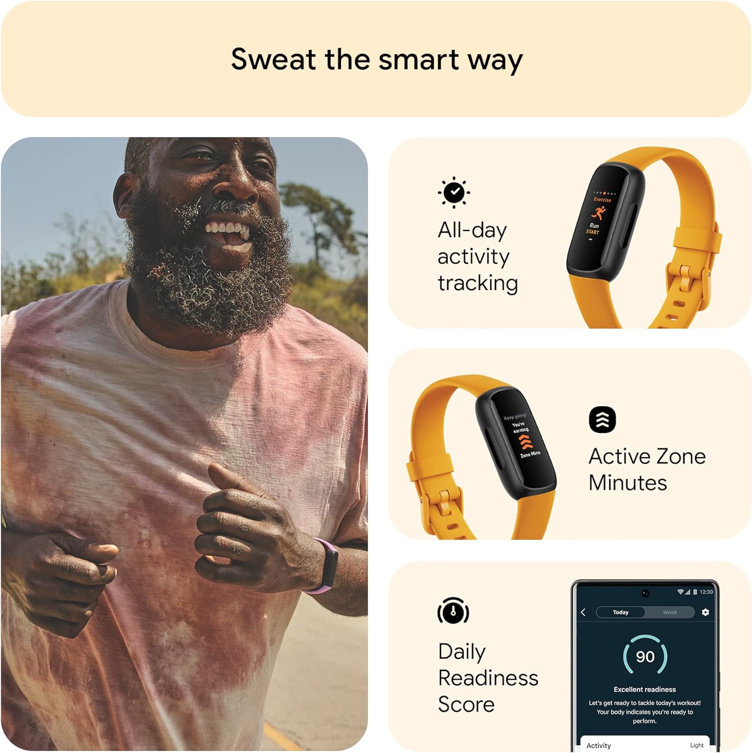 Fitbit Inspire 3 Health  Fitness Tracker with Stress Management, Workout Intensity, Sleep Tracking, 24/7 Heart Rate and more, Morning Glow/Black, One Size (S  L Bands Included)