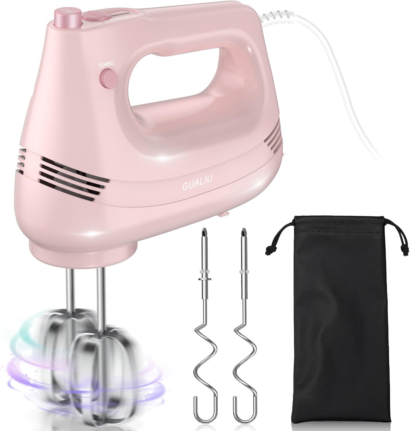 GUALIU Electric Hand Mixer with Stainless Steel Whisk, Dough Hook Attachment and Storage Bag, Handheld Mixer for Baking Cakes, Eggs, Cream Food Mixers. Turbo Boost /5 Speed Kitchen Blender PINK