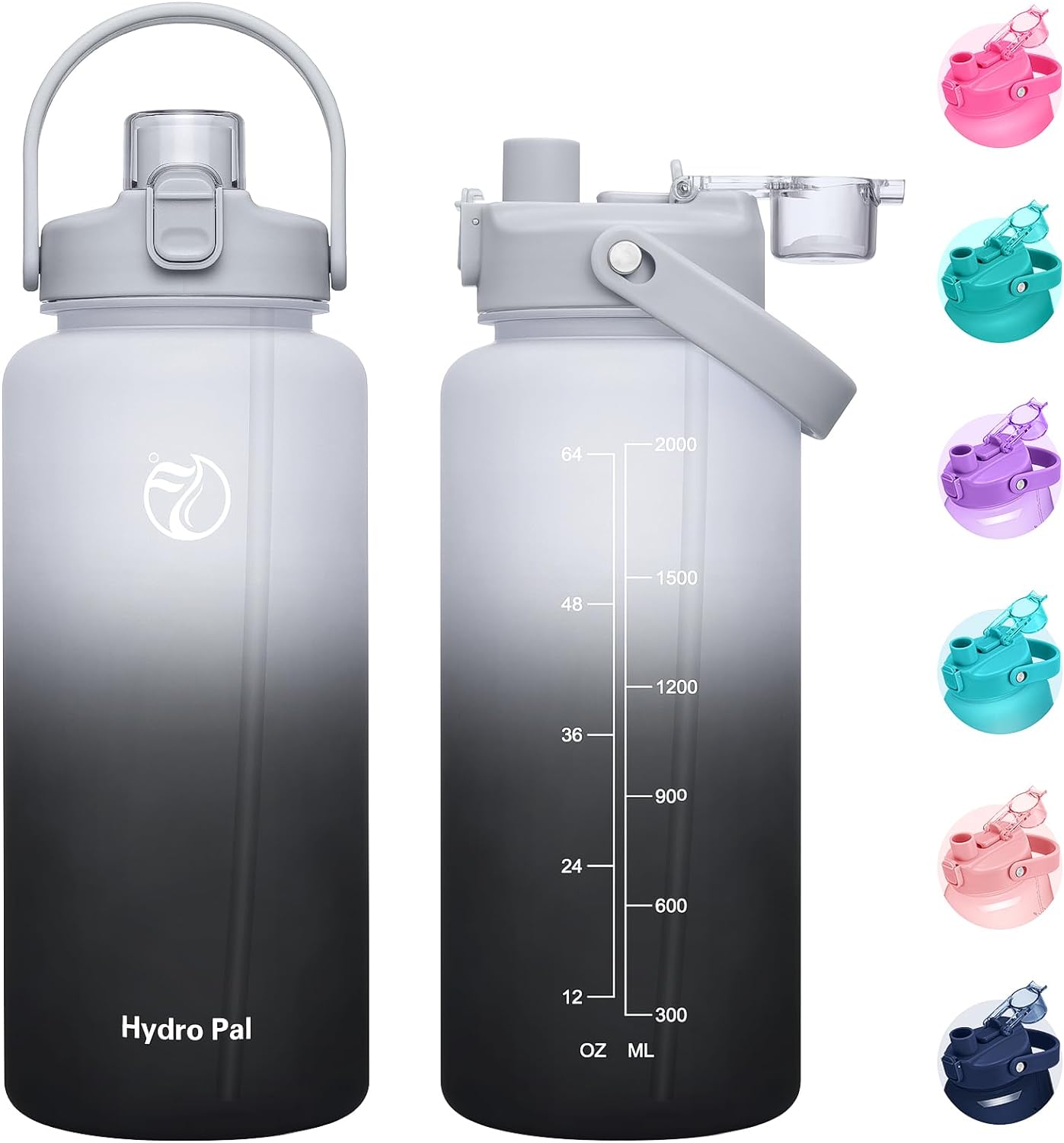 Half Gallon Water Bottles with Times to Drink, 74 oz Water Bottle with Straws 2, Innovative 2-IN-1 Lid Sports Bottle, BPA Free, Large Bottle for Sports Fitness Gym Camping, Big Water Jug 2.2 Liter