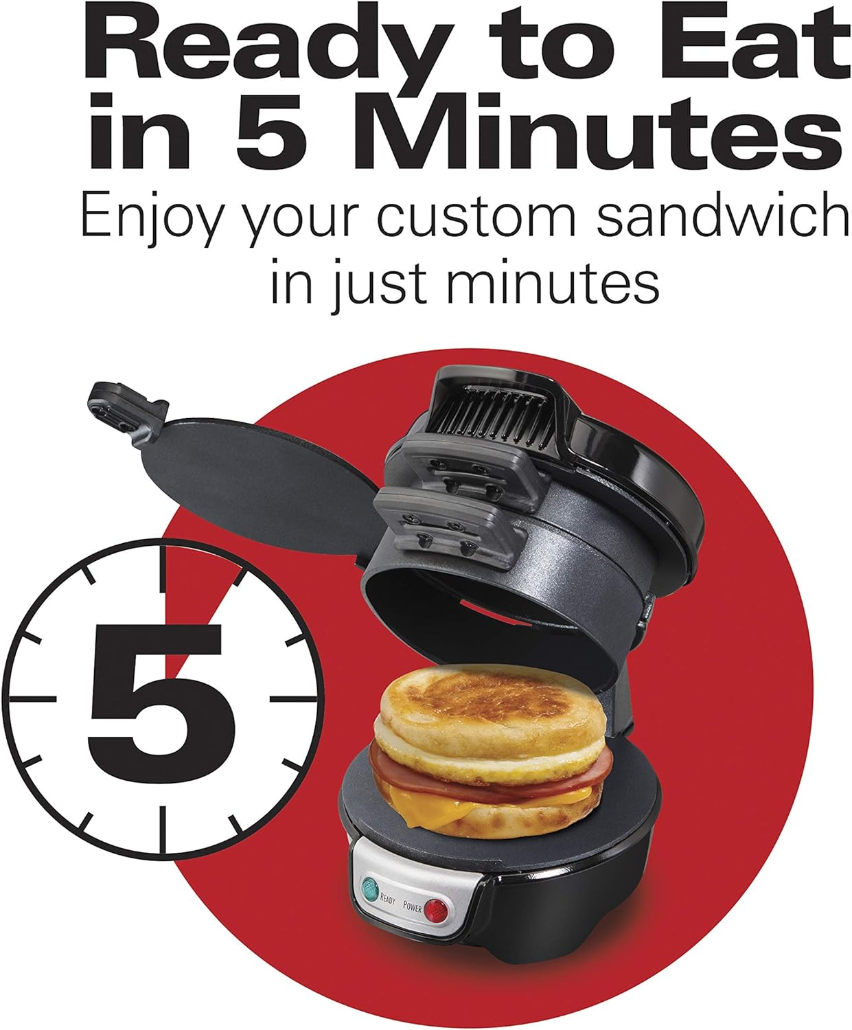 Hamilton Beach Breakfast Sandwich Maker with Egg Cooker Ring, Customize Ingredients, Perfect for English Muffins, Croissants, Mini Waffles, Dorm Room Essentials, Red (25476)