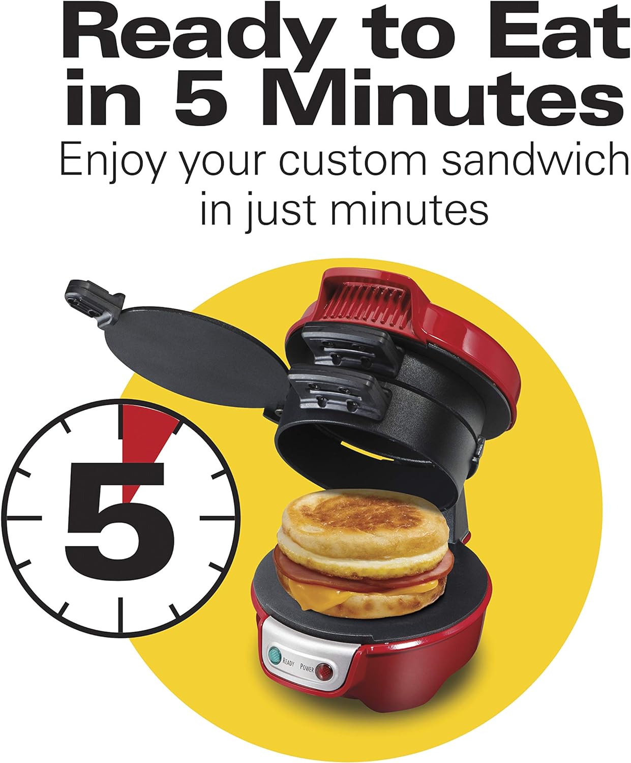 Hamilton Beach Breakfast Sandwich Maker with Egg Cooker Ring, Customize Ingredients, Perfect for English Muffins, Croissants, Mini Waffles, Dorm Room Essentials, Red (25476)